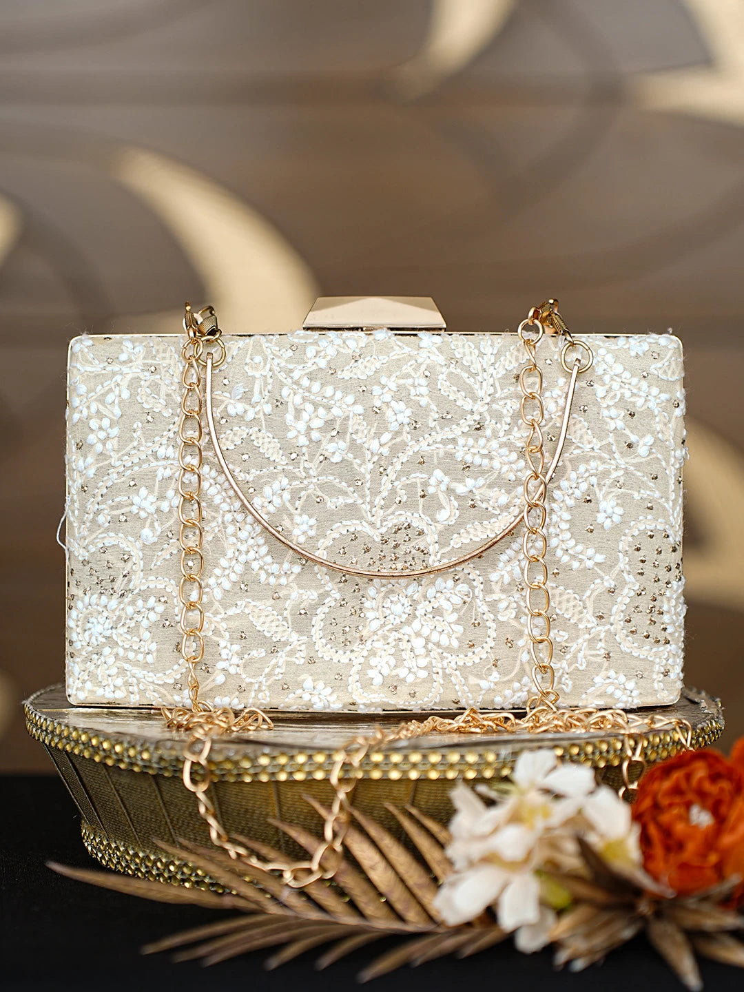 Ada Hand Embroidered Fawn Silk Lucknowi Chikankari Clutch With Mukaish Work 01A791374