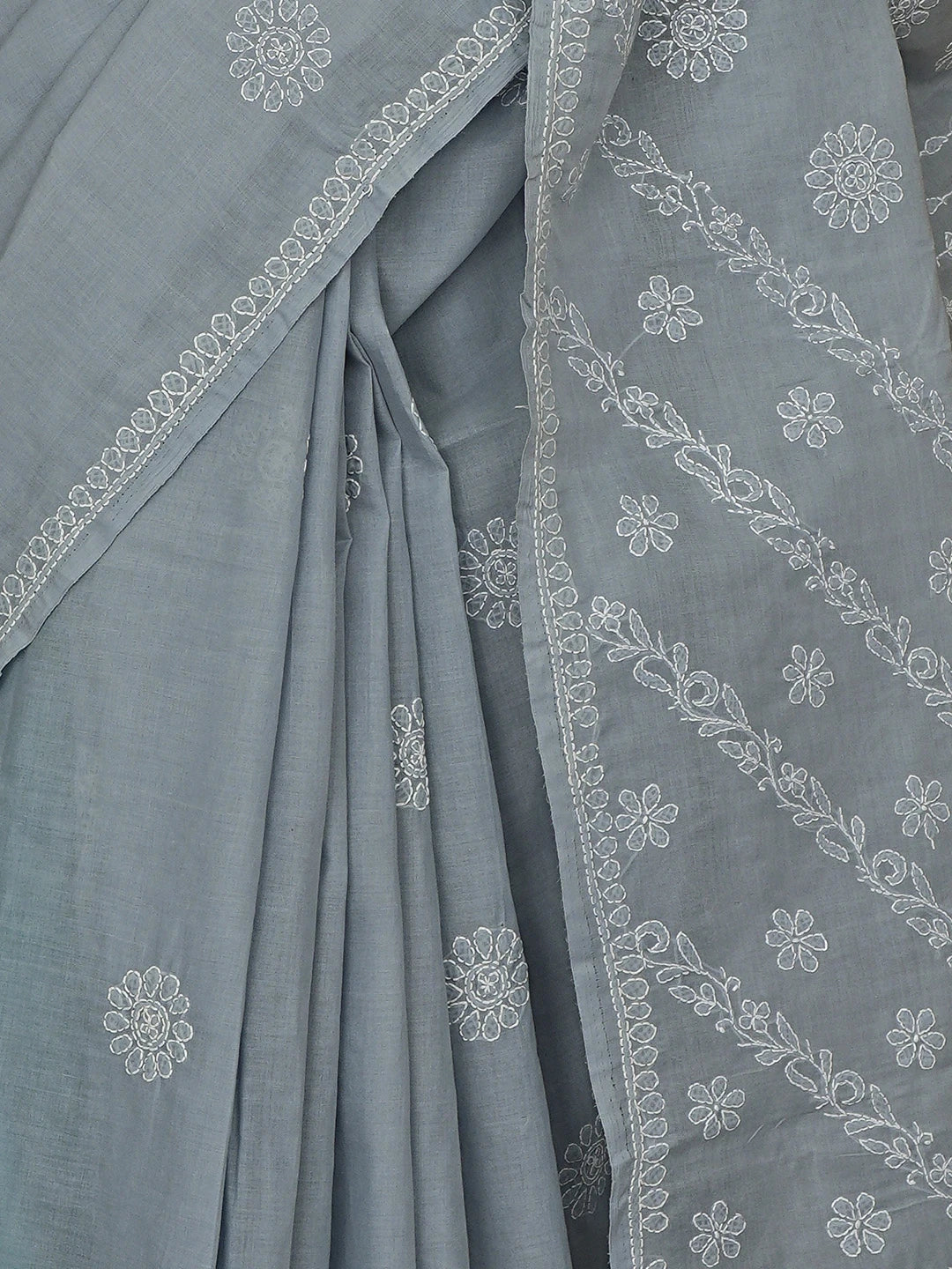 Ada Hand Embroidered Grey Cotton Lucknowi Chikankari Saree With Blouse 01A866204