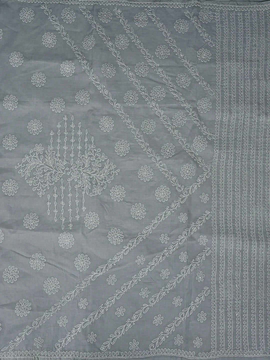 Ada Hand Embroidered Grey Cotton Lucknowi Chikankari Saree With Blouse 01A866204