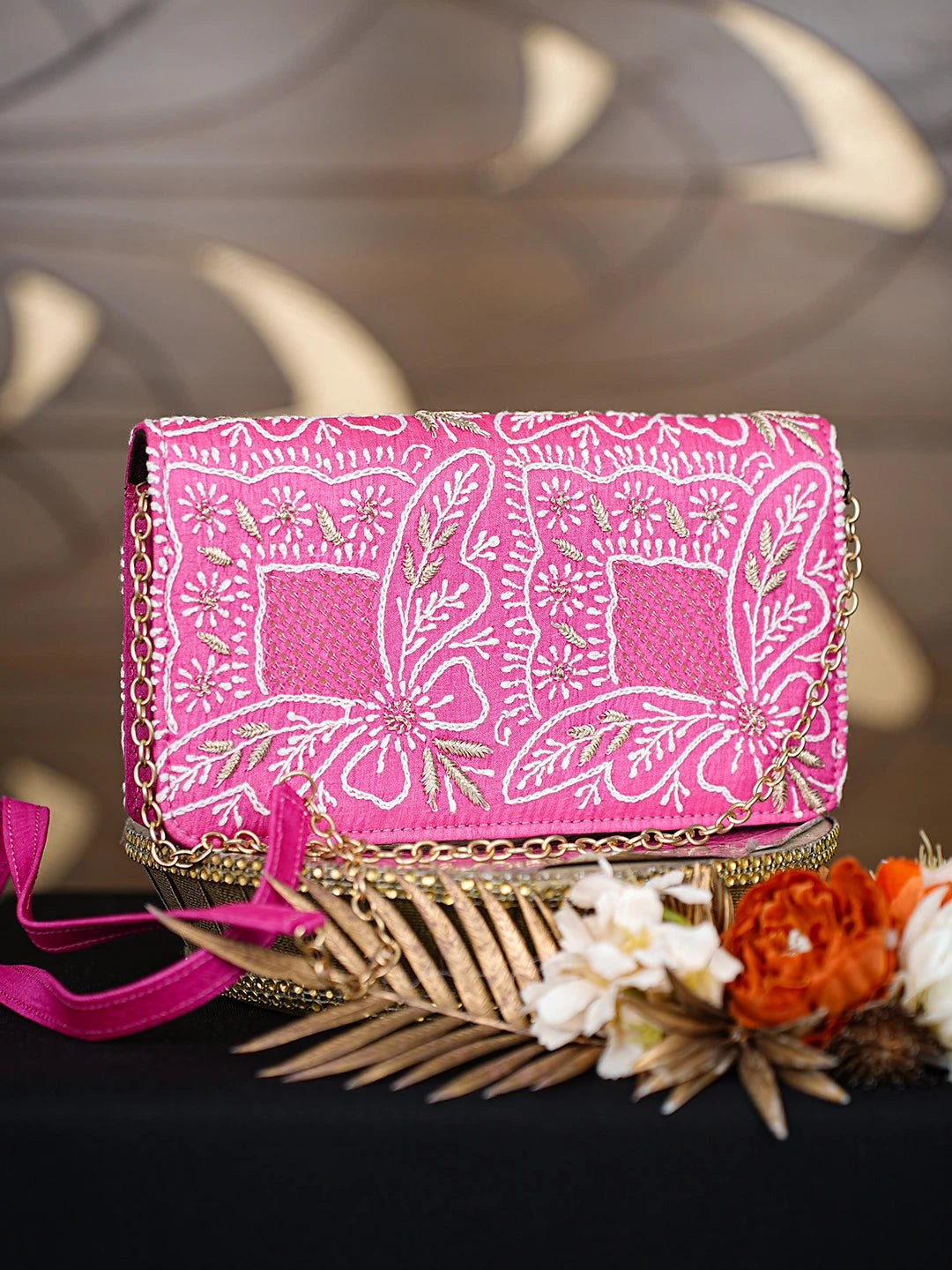 Ada Hand Embroidered Magenta Silk Lucknowi Chikankari Clutch With Zari Work 01A557178