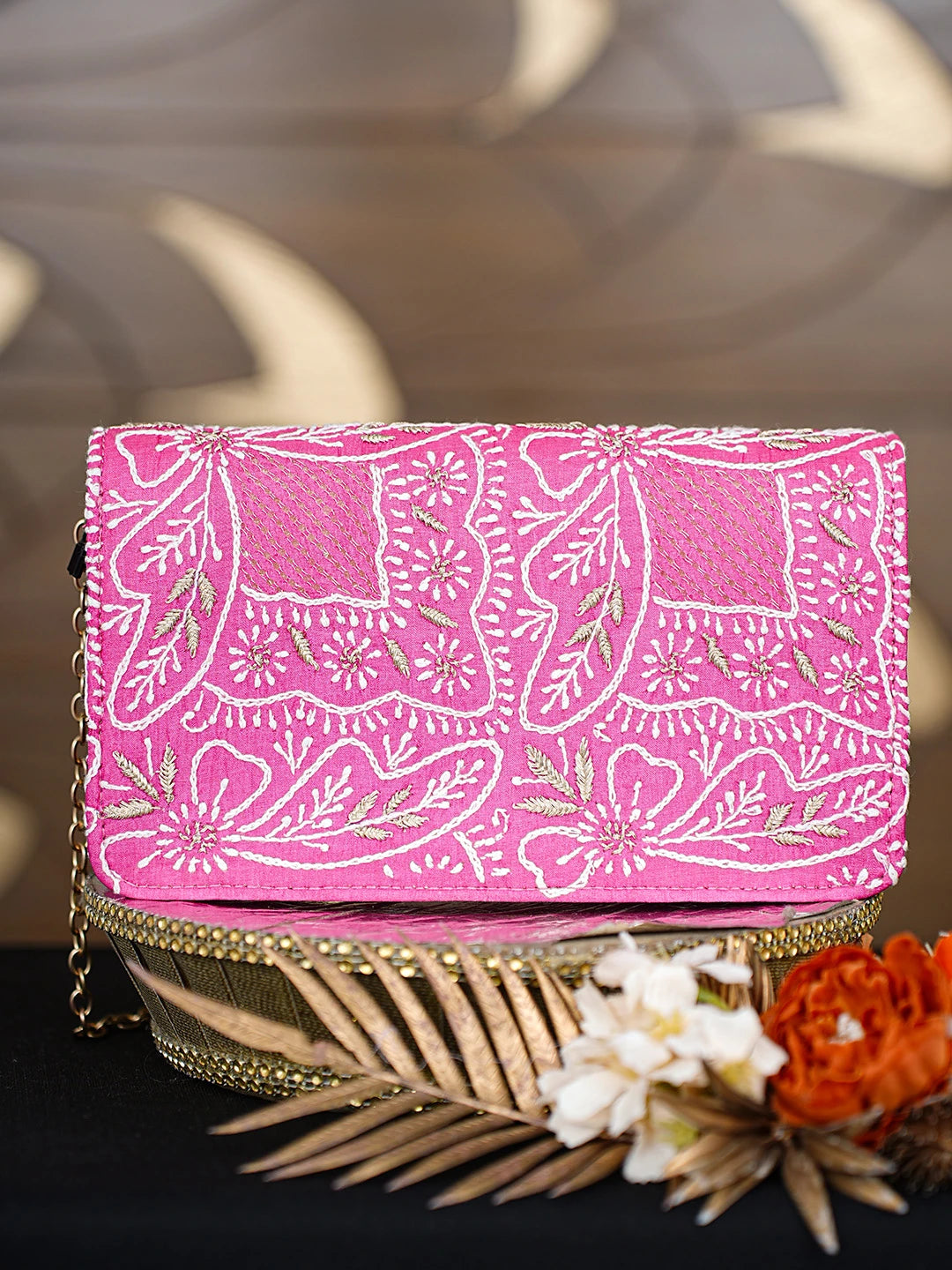 Ada Hand Embroidered Magenta Silk Lucknowi Chikankari Clutch With Zari Work 01A557178