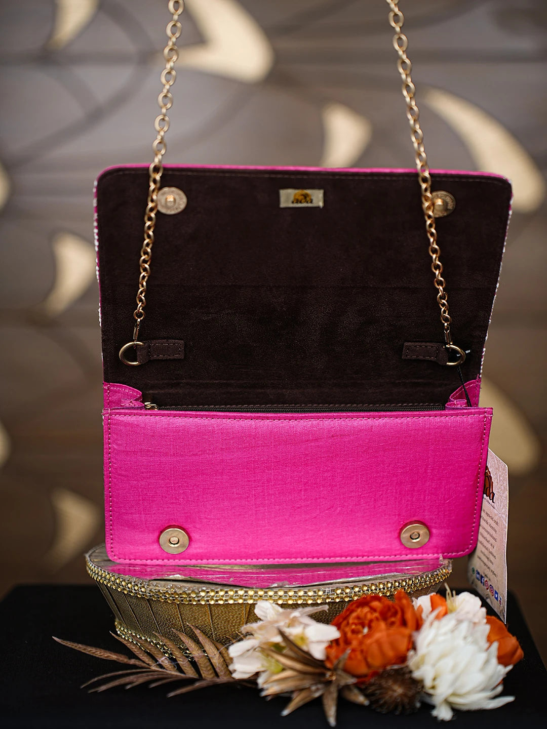 Ada Hand Embroidered Magenta Silk Lucknowi Chikankari Clutch With Zari Work 01A557178