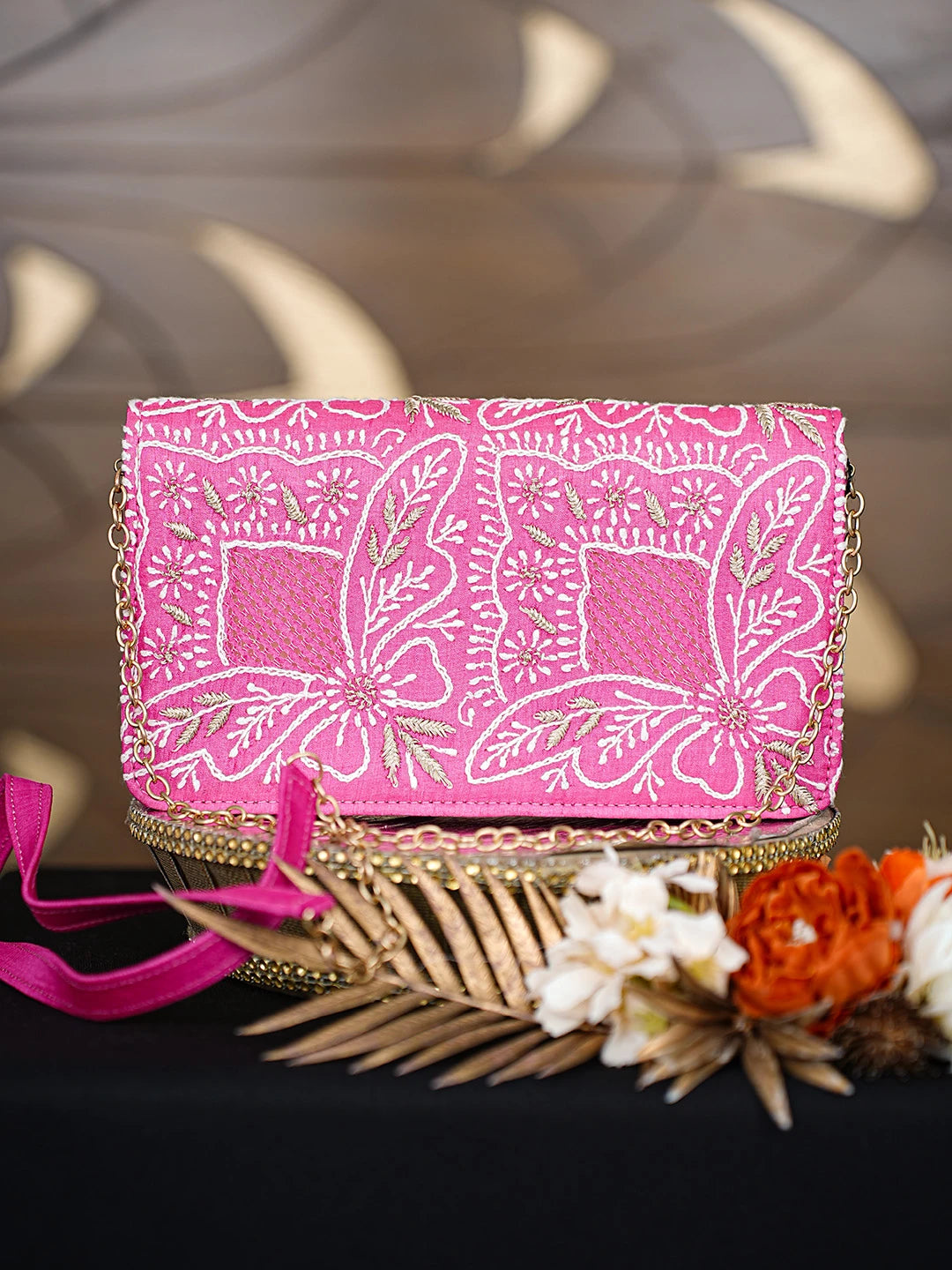 Ada Hand Embroidered Magenta Silk Lucknowi Chikankari Clutch With Zari Work 01A557178