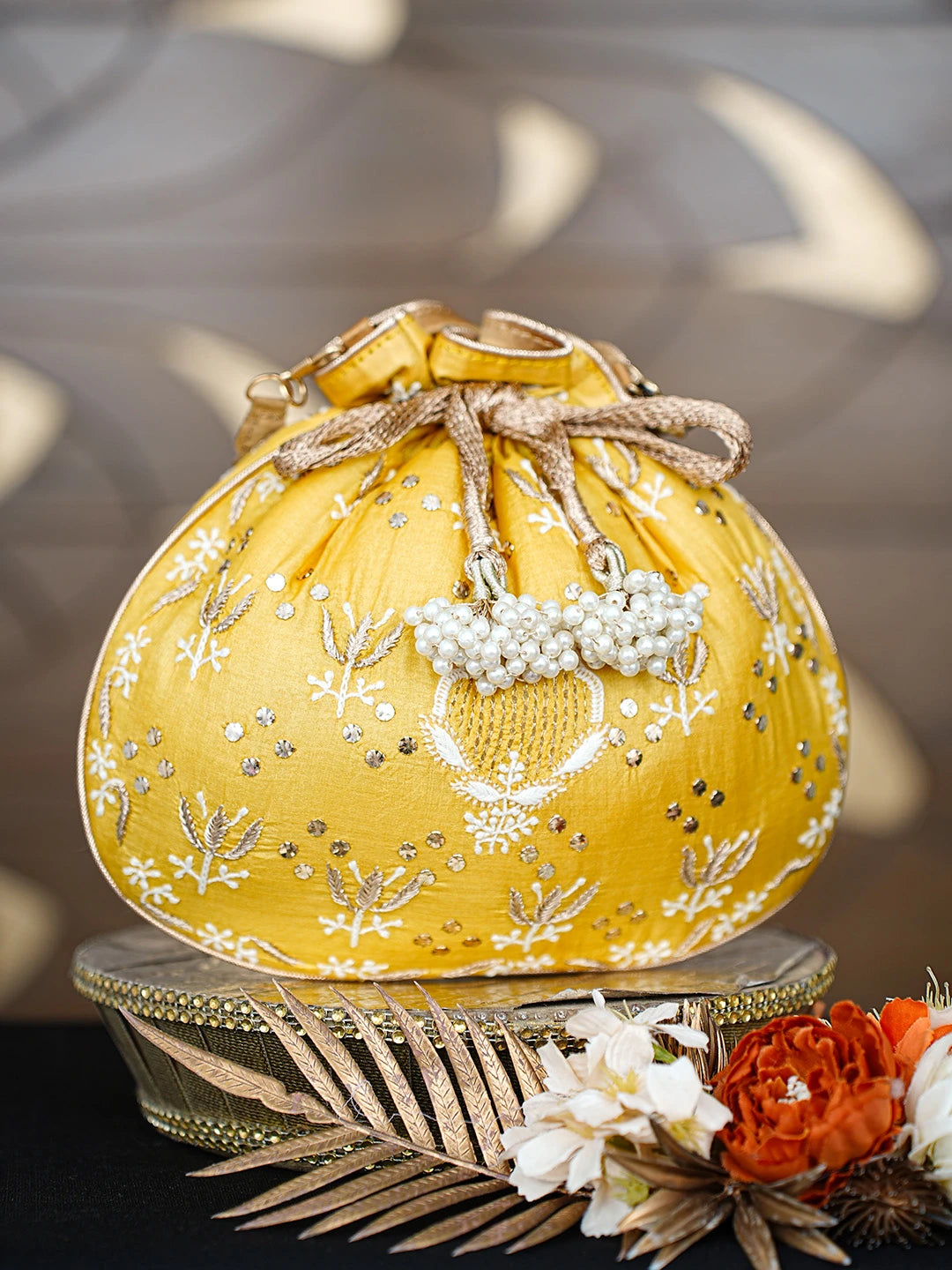 Ada Hand Embroidered Yellow Silk Lucknowi Chikankari Potli Bag With Zari Work 01A818789