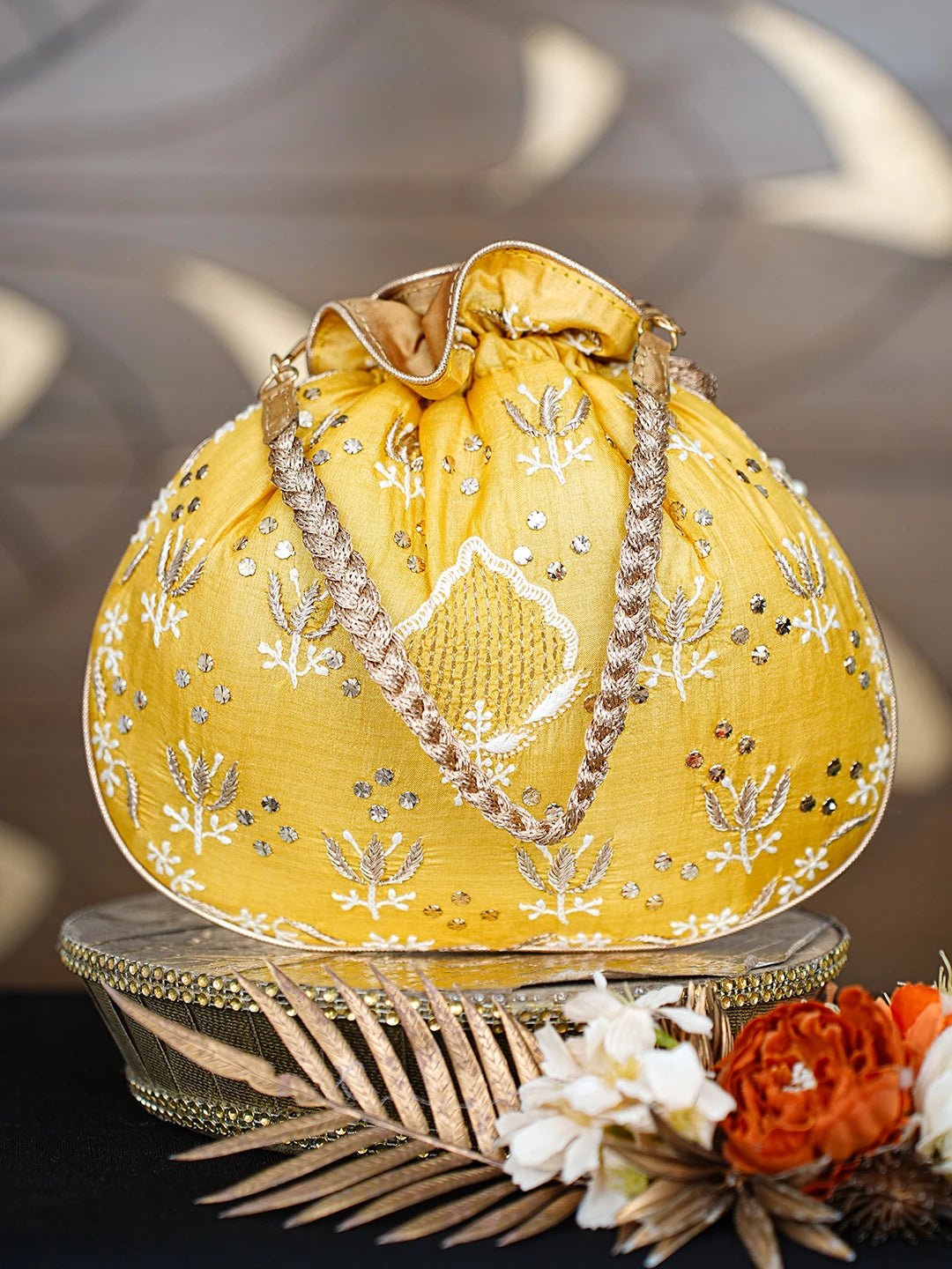 Ada Hand Embroidered Yellow Silk Lucknowi Chikankari Potli Bag With Zari Work 01A818789