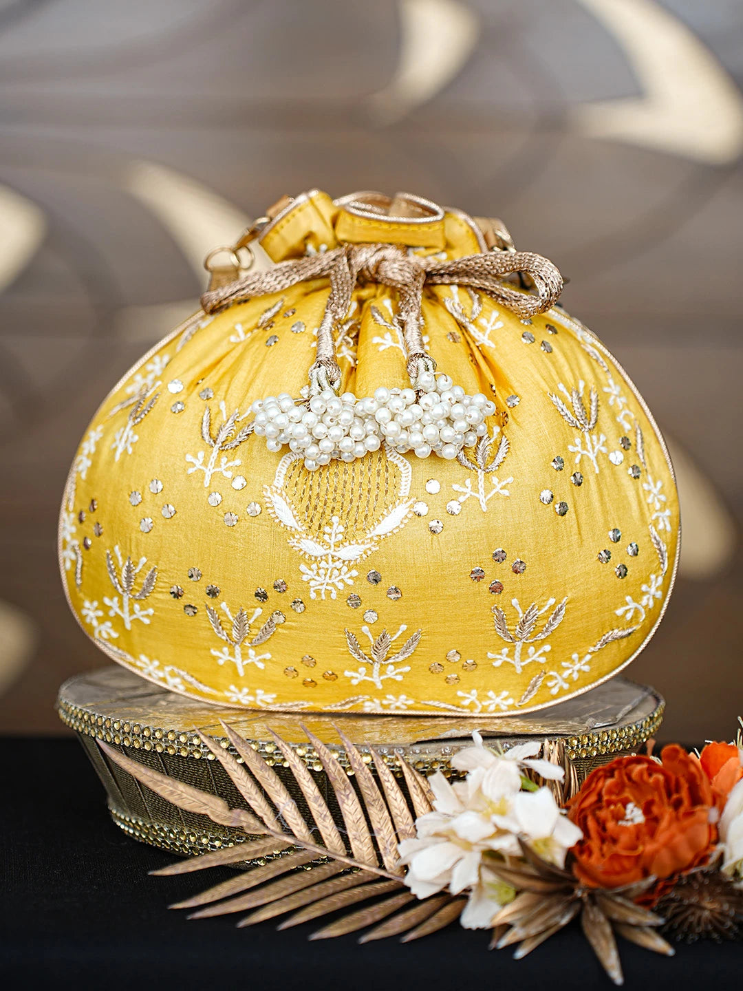 Ada Hand Embroidered Yellow Silk Lucknowi Chikankari Potli Bag With Zari Work 01A818789