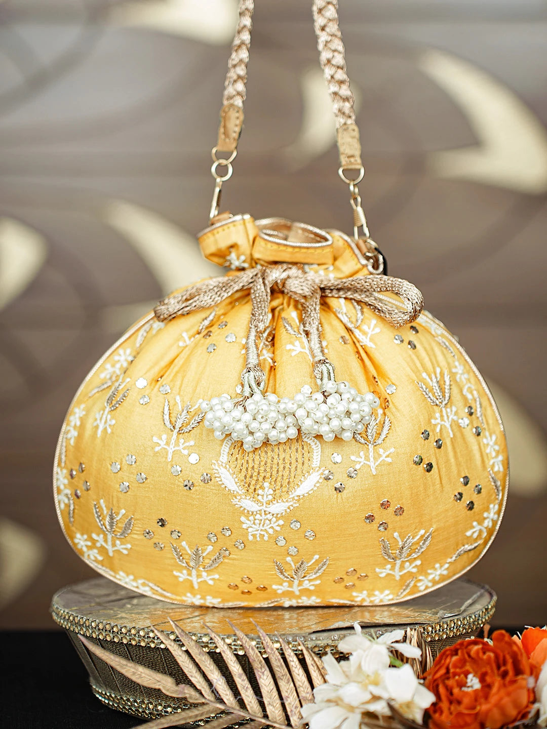 Ada Hand Embroidered Yellow Silk Lucknowi Chikankari Potli Bag With Zari Work 01A818789