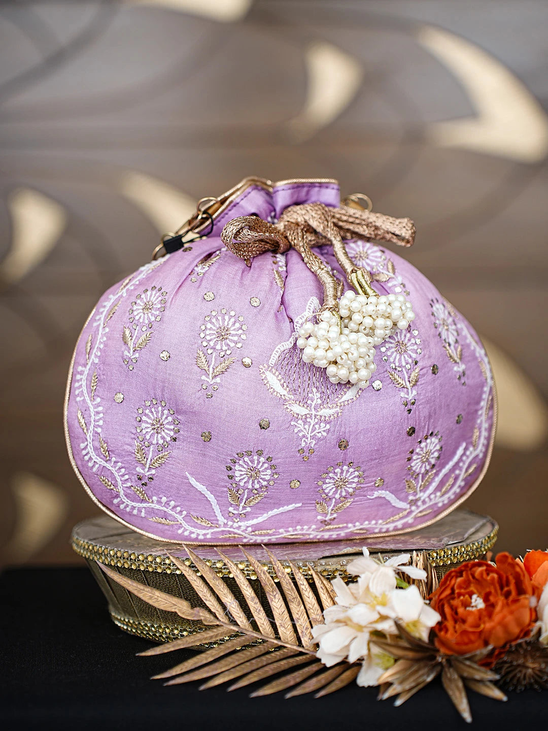 Ada Hand Embroidered Mauve Silk Lucknowi Chikankari Potli Bag With Zari Work 01A784459