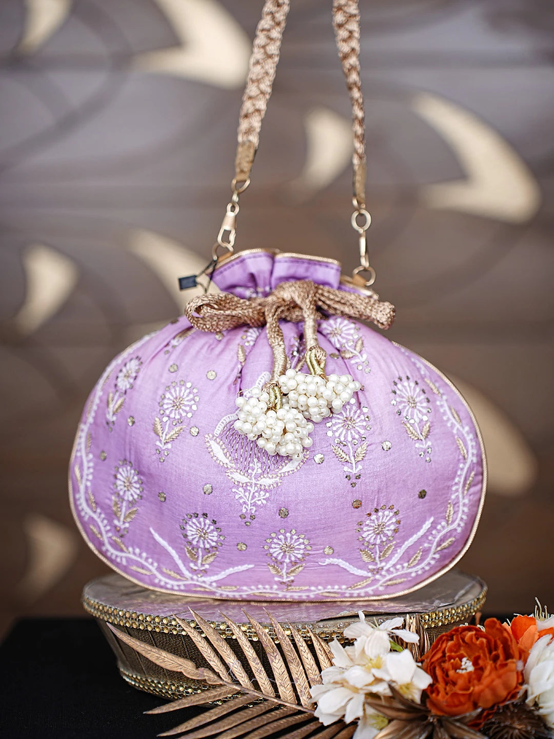 Ada Hand Embroidered Mauve Silk Lucknowi Chikankari Potli Bag With Zari Work 01A784459