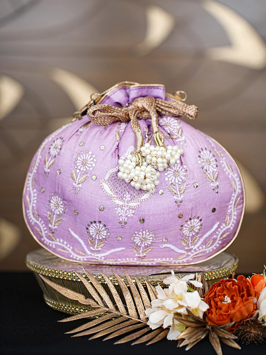 Ada Hand Embroidered Mauve Silk Lucknowi Chikankari Potli Bag With Zari Work 01A784459