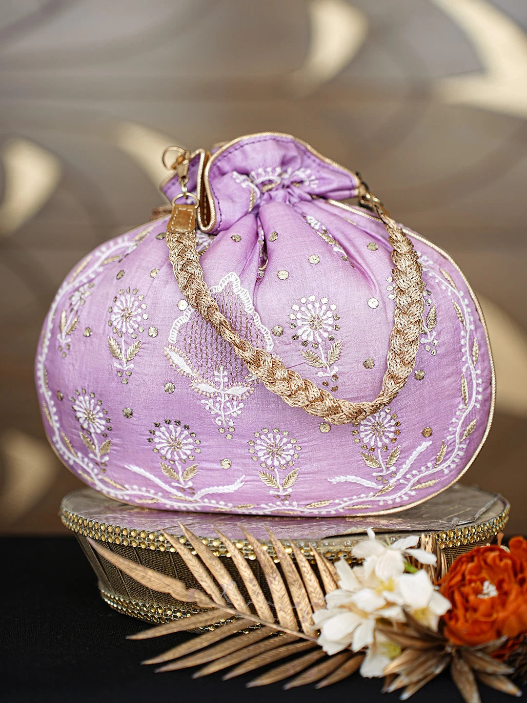 Ada Hand Embroidered Mauve Silk Lucknowi Chikankari Potli Bag With Zari Work 01A784459