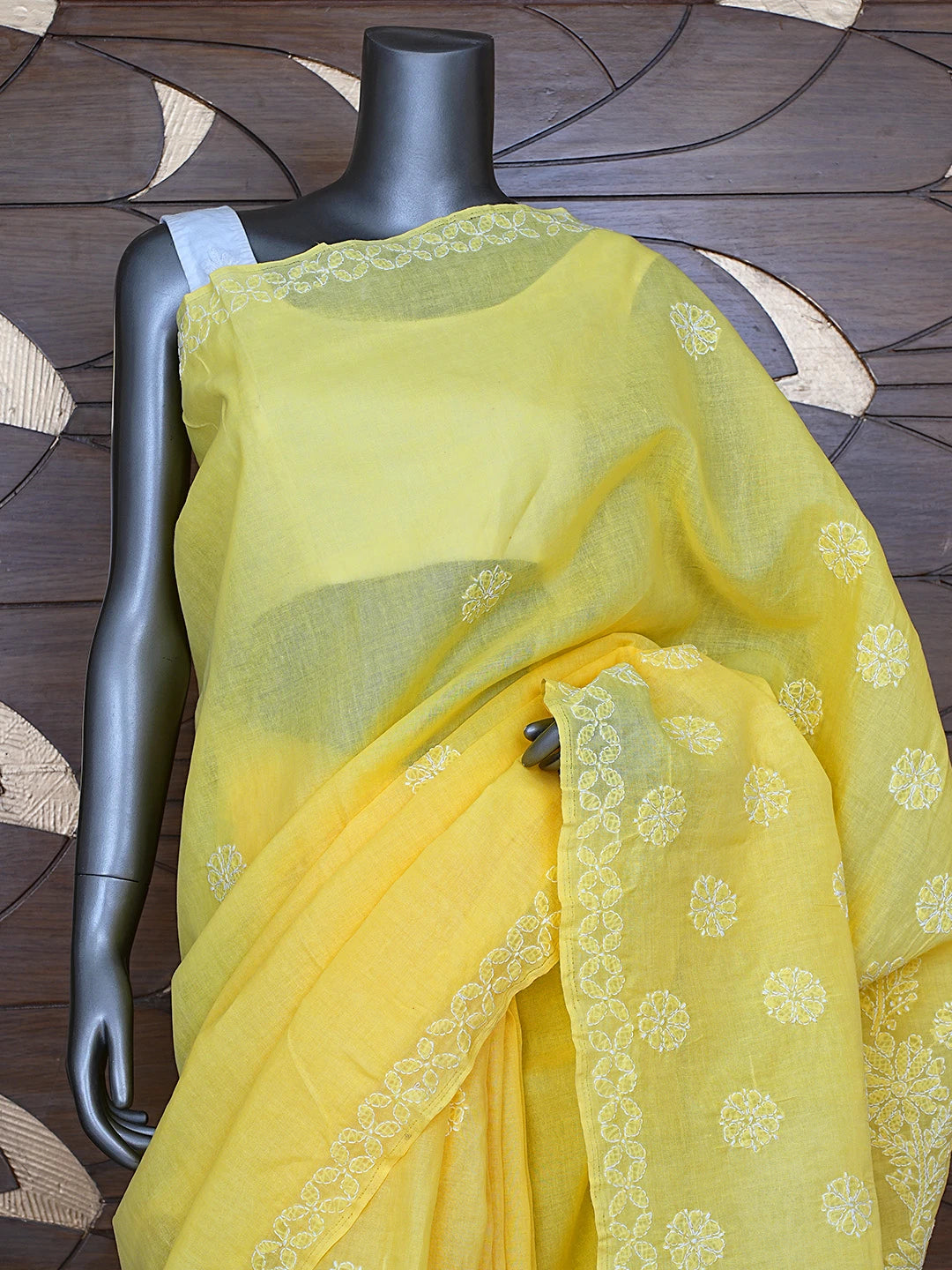 Ada Hand Embroidered Yellow Cotton Lucknowi Chikankari Saree With Blouse 01A866162