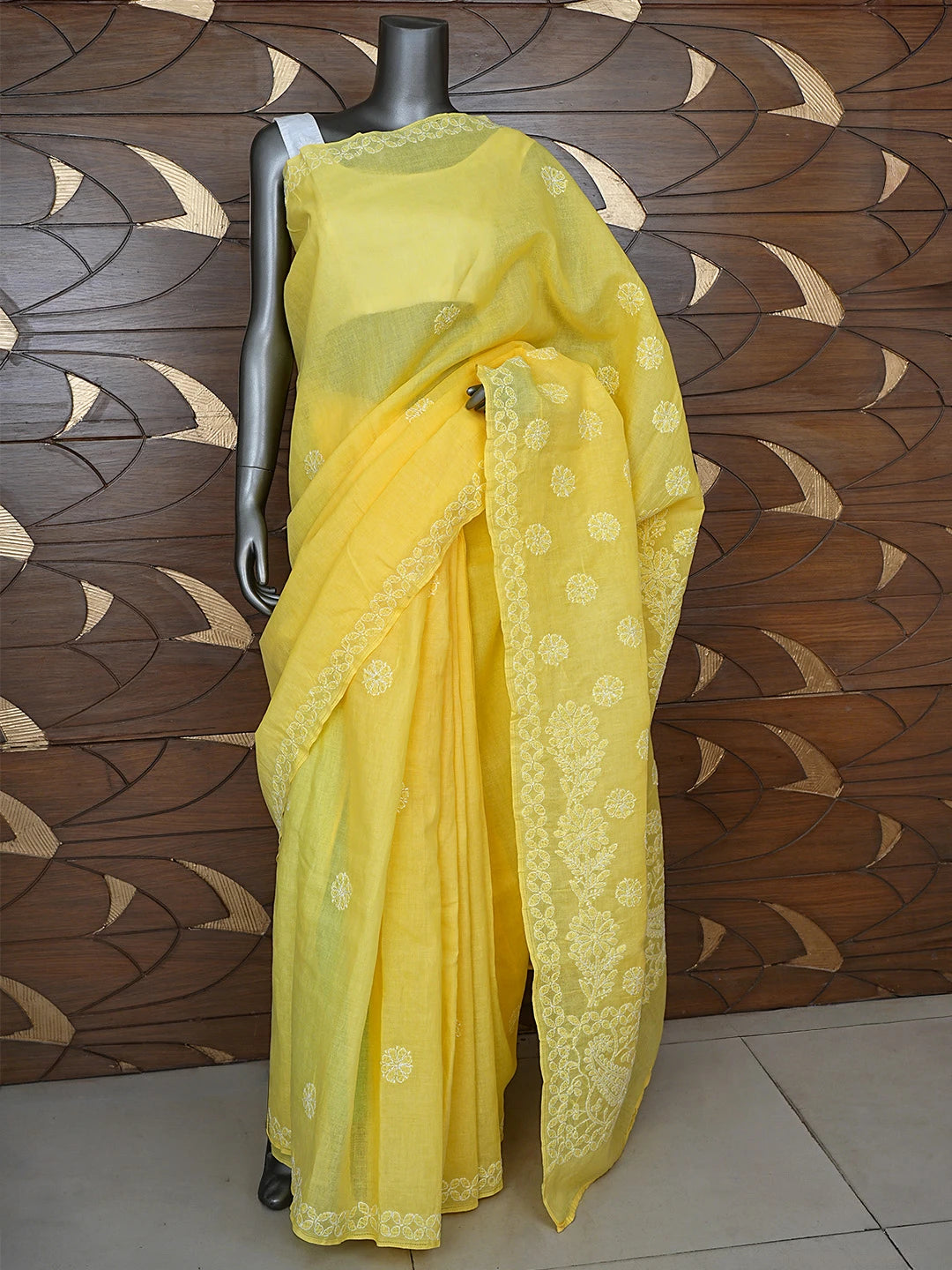 Ada Hand Embroidered Yellow Cotton Lucknowi Chikankari Saree With Blouse 01A866162