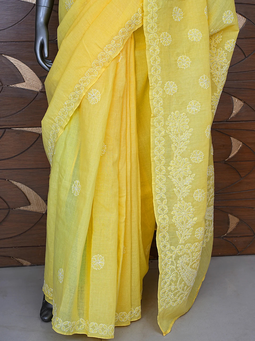 Ada Hand Embroidered Yellow Cotton Lucknowi Chikankari Saree With Blouse 01A866162