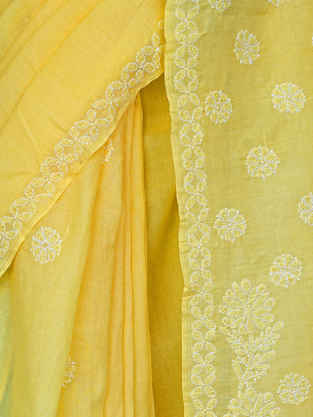 Ada Hand Embroidered Yellow Cotton Lucknowi Chikankari Saree With Blouse 01A866162