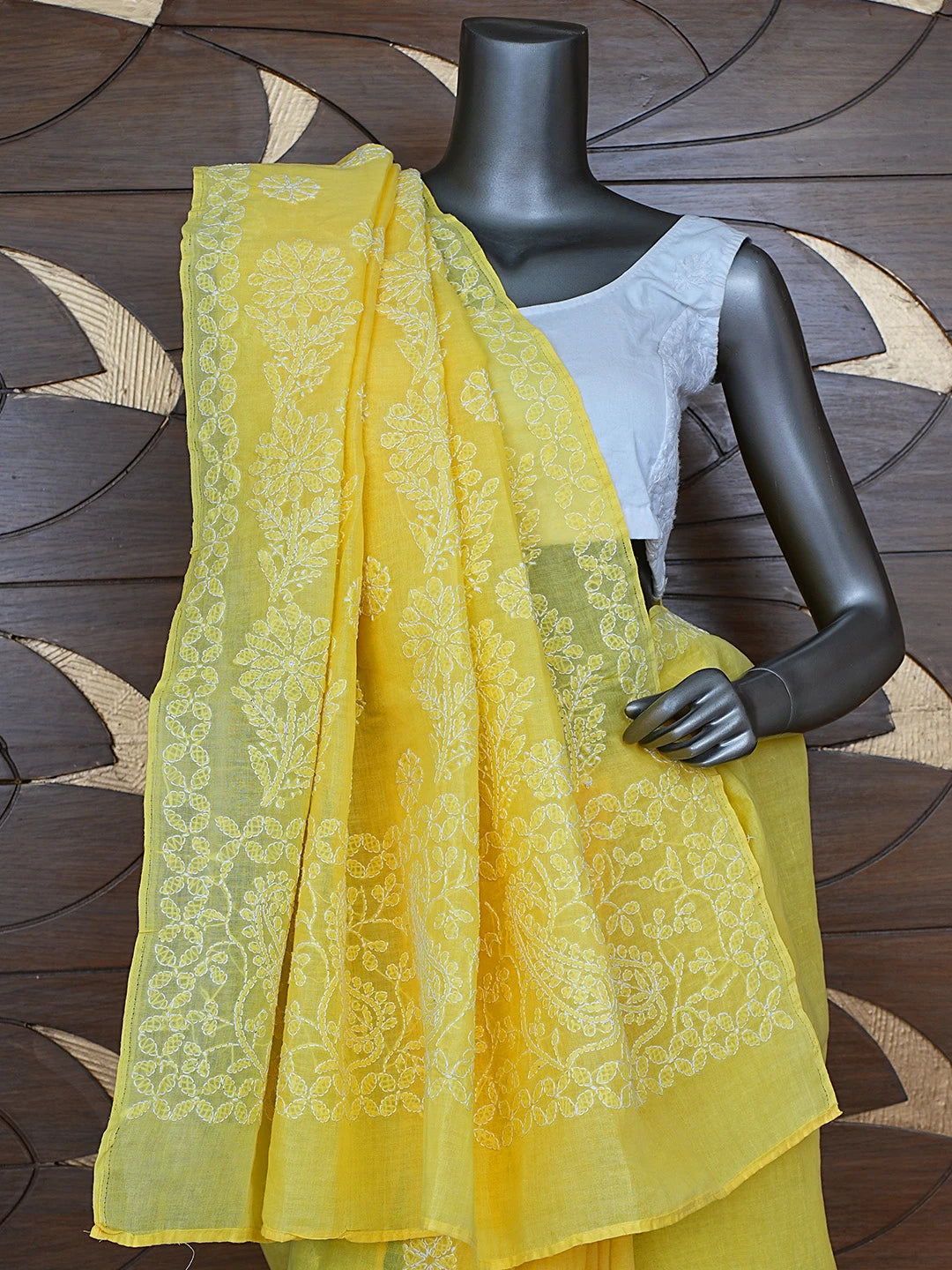 Ada Hand Embroidered Yellow Cotton Lucknowi Chikankari Saree With Blouse 01A866162