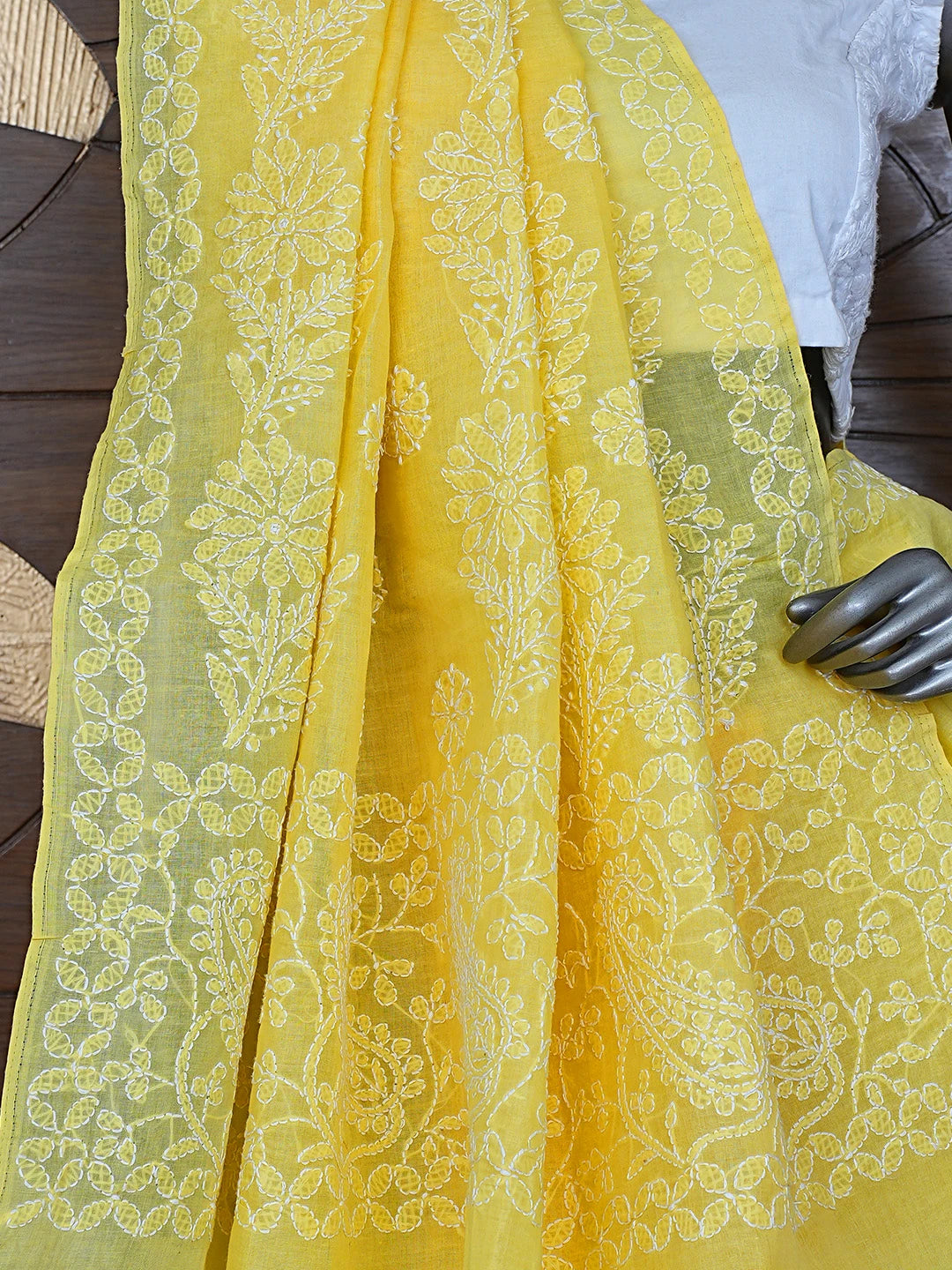 Ada Hand Embroidered Yellow Cotton Lucknowi Chikankari Saree With Blouse 01A866162