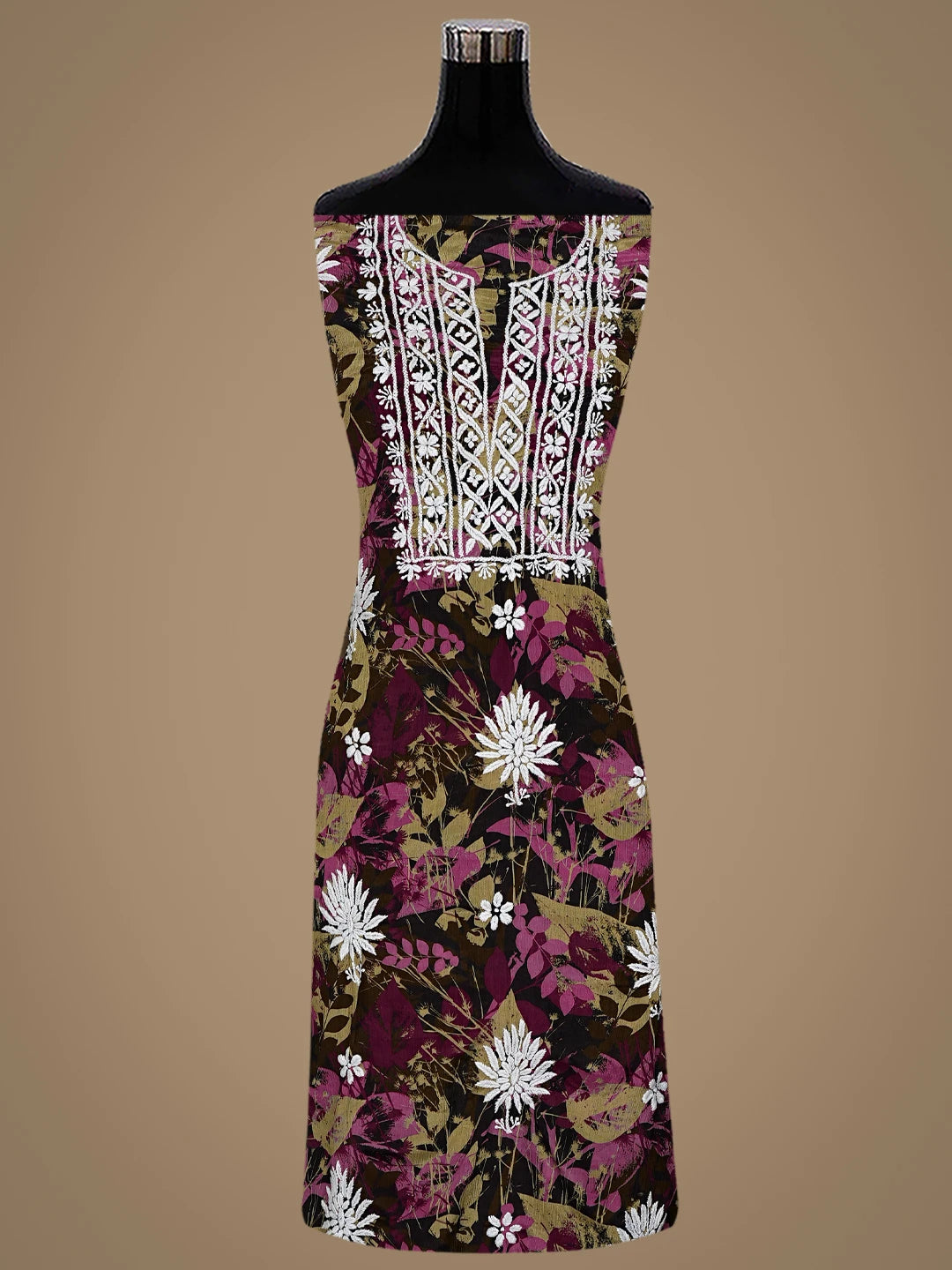 Ada Hand Embroidered Wine Crepe Floral Printed Lucknowi Chikankari Unstitched Kurta Dupatta Set 01A723092
