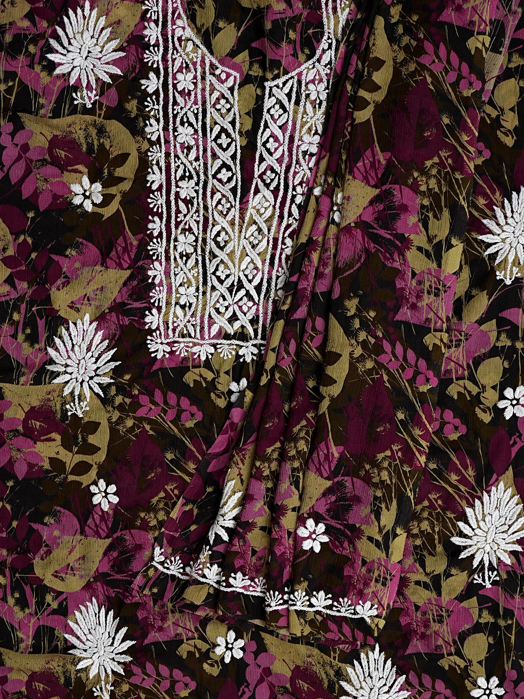 Ada Hand Embroidered Wine Crepe Floral Printed Lucknowi Chikankari Unstitched Kurta Dupatta Set 01A723092