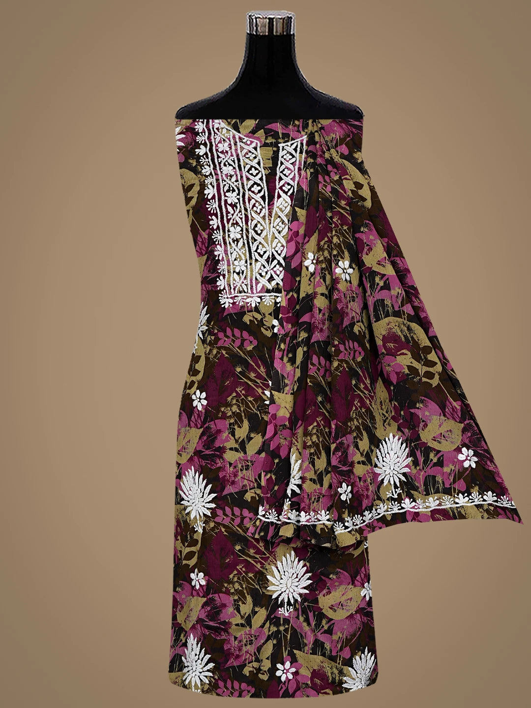 Ada Hand Embroidered Wine Crepe Floral Printed Lucknowi Chikankari Unstitched Kurta Dupatta Set 01A723092
