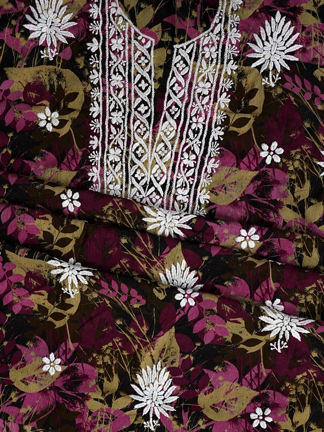 Ada Hand Embroidered Wine Crepe Floral Printed Lucknowi Chikankari Unstitched Kurta Dupatta Set 01A723092