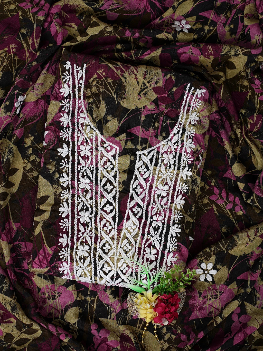 Ada Hand Embroidered Wine Crepe Floral Printed Lucknowi Chikankari Unstitched Kurta Dupatta Set 01A723092