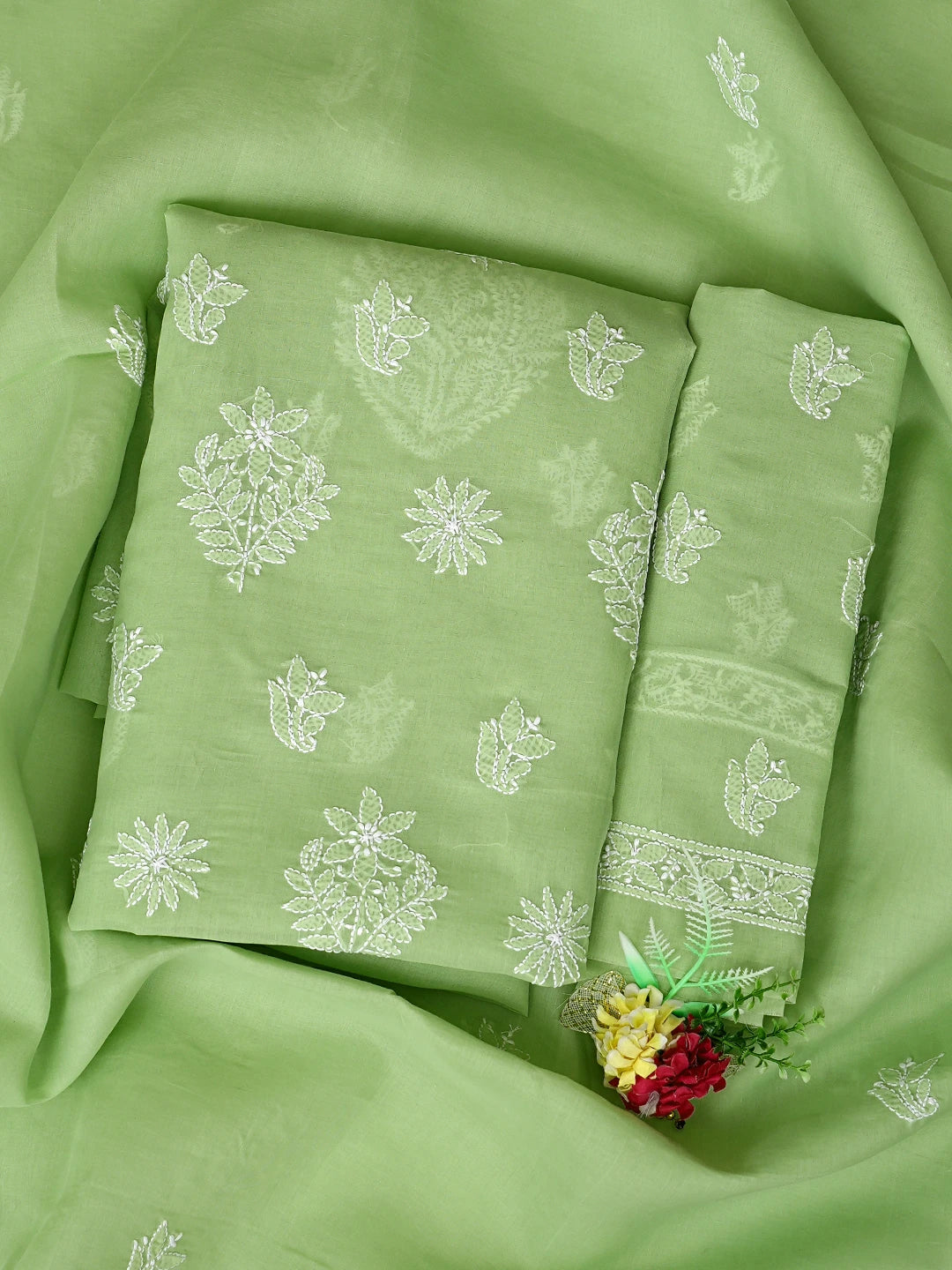 Ada Hand Embroidered Green Cotton Lucknowi Chikankari Unstitched Suit Piece 01A867754