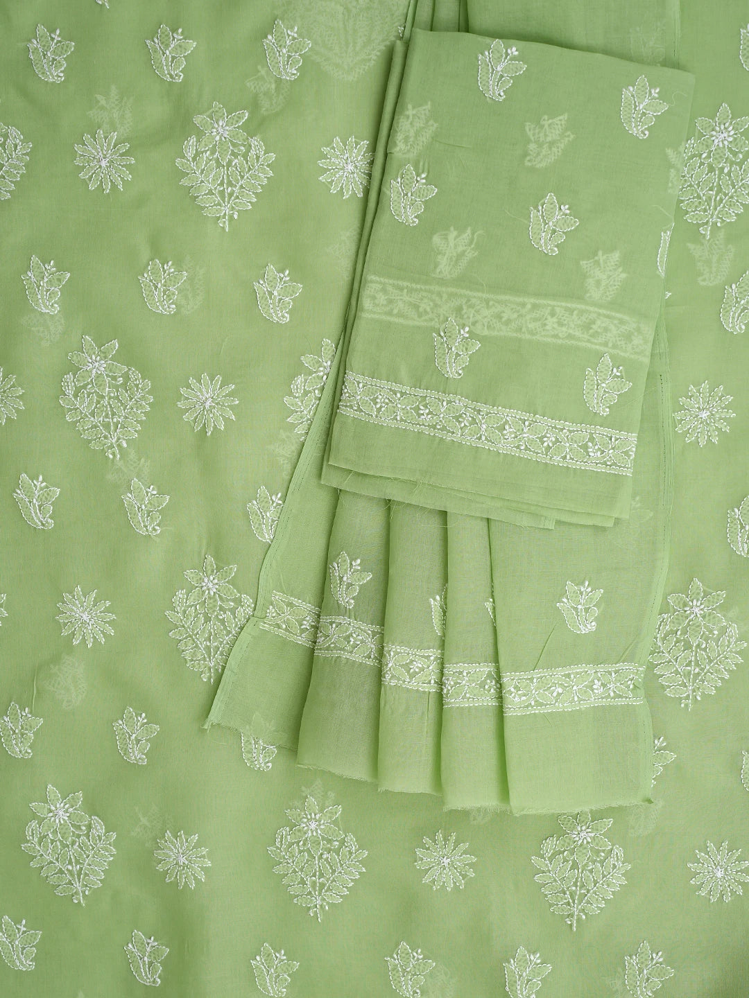 Ada Hand Embroidered Green Cotton Lucknowi Chikankari Unstitched Suit Piece 01A867754