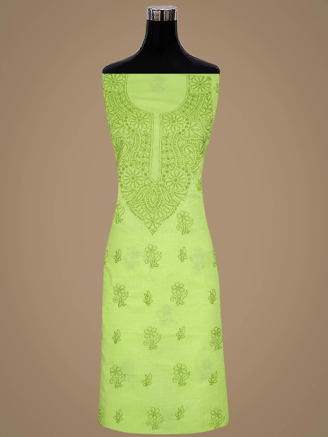 Ada Hand Embroidered Chartreuse Green Cotton Lucknowi Chikankari Unstitched Suit Piece 01A867088
