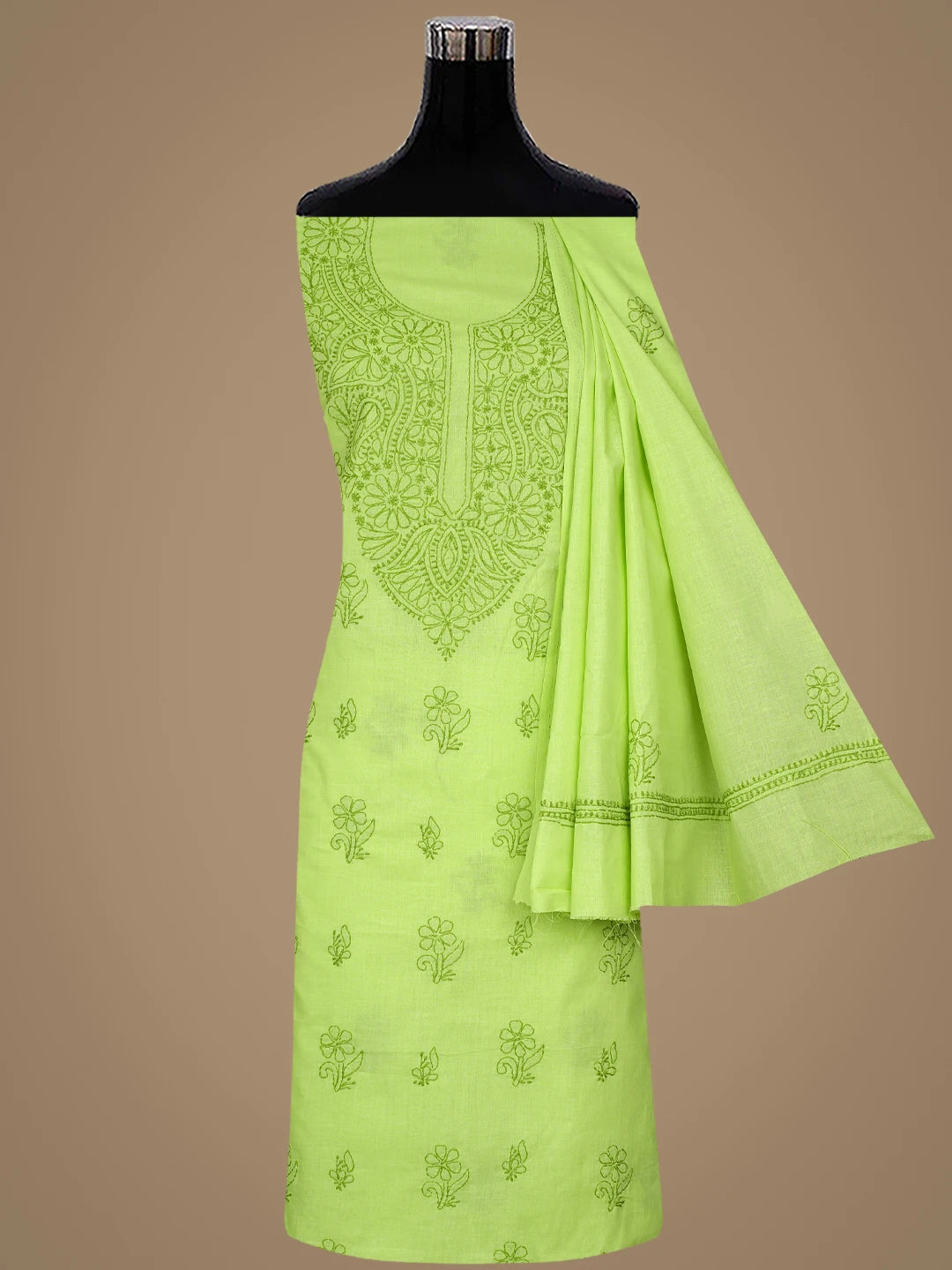 Ada Hand Embroidered Chartreuse Green Cotton Lucknowi Chikankari Unstitched Suit Piece 01A867088