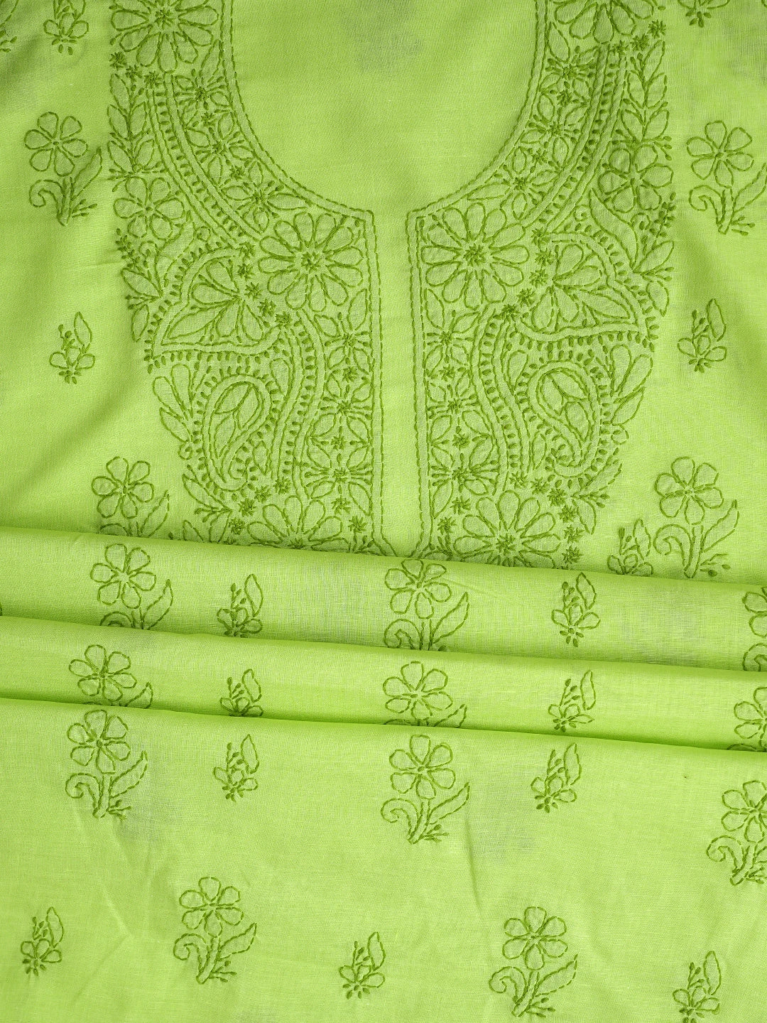 Ada Hand Embroidered Chartreuse Green Cotton Lucknowi Chikankari Unstitched Suit Piece 01A867088