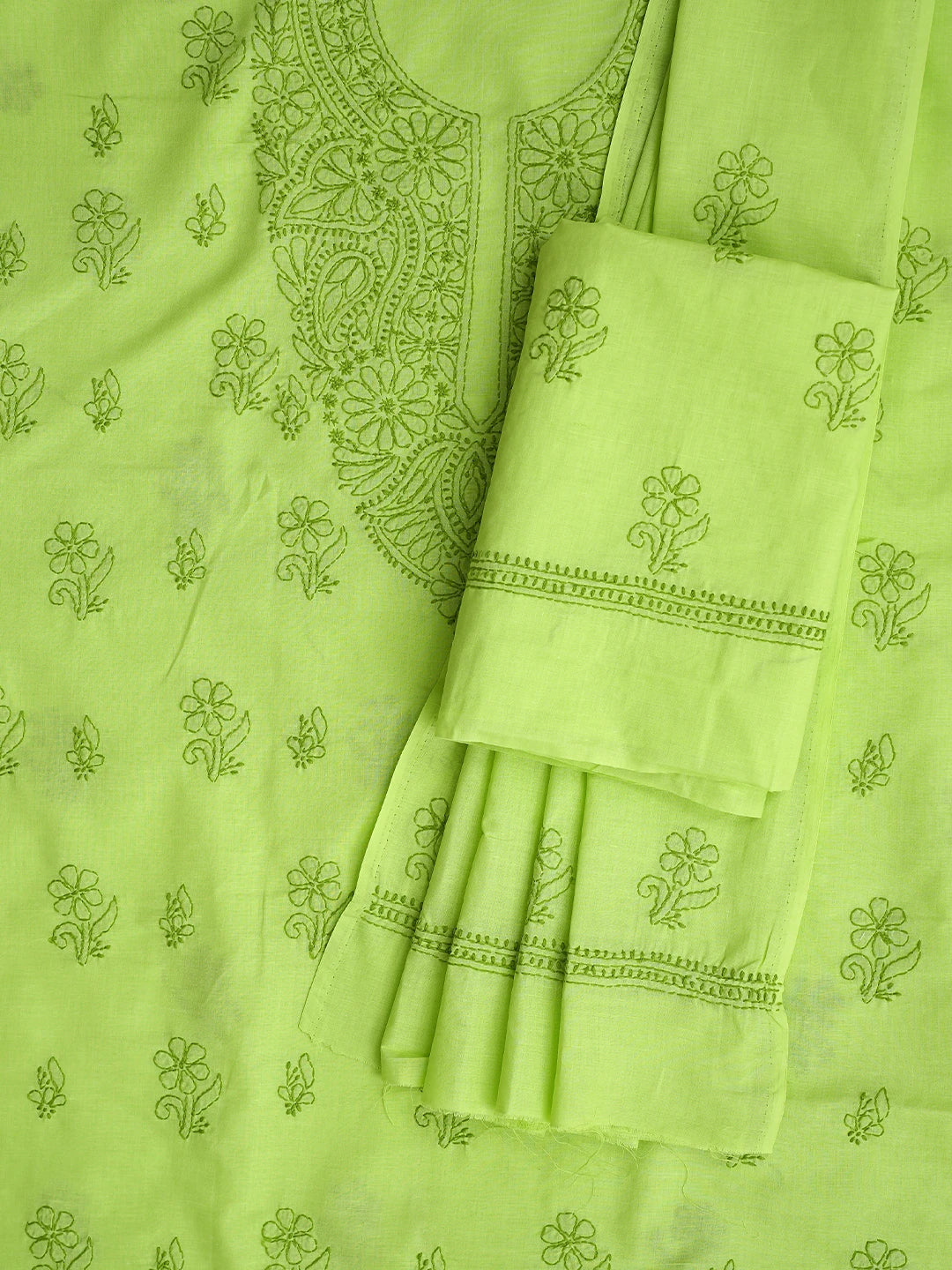 Ada Hand Embroidered Chartreuse Green Cotton Lucknowi Chikankari Unstitched Suit Piece 01A867088