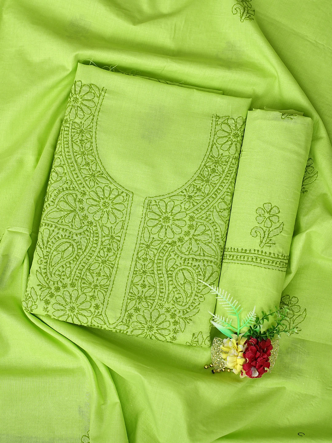 Ada Hand Embroidered Chartreuse Green Cotton Lucknowi Chikankari Unstitched Suit Piece 01A867088