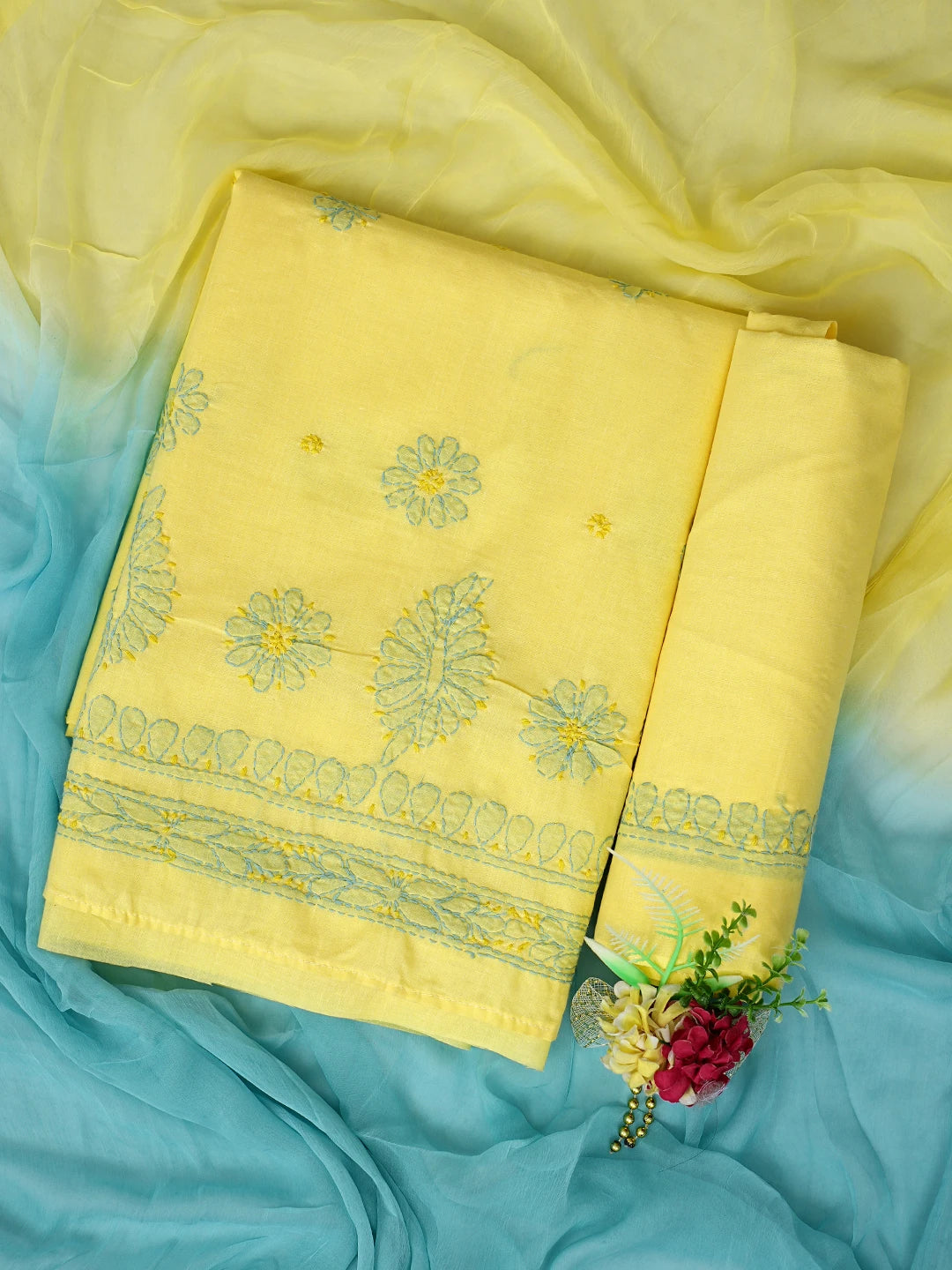 Ada Hand Embroidered Yellow Cotton Lucknowi Chikankari Unstitched Suit Piece 01A818704