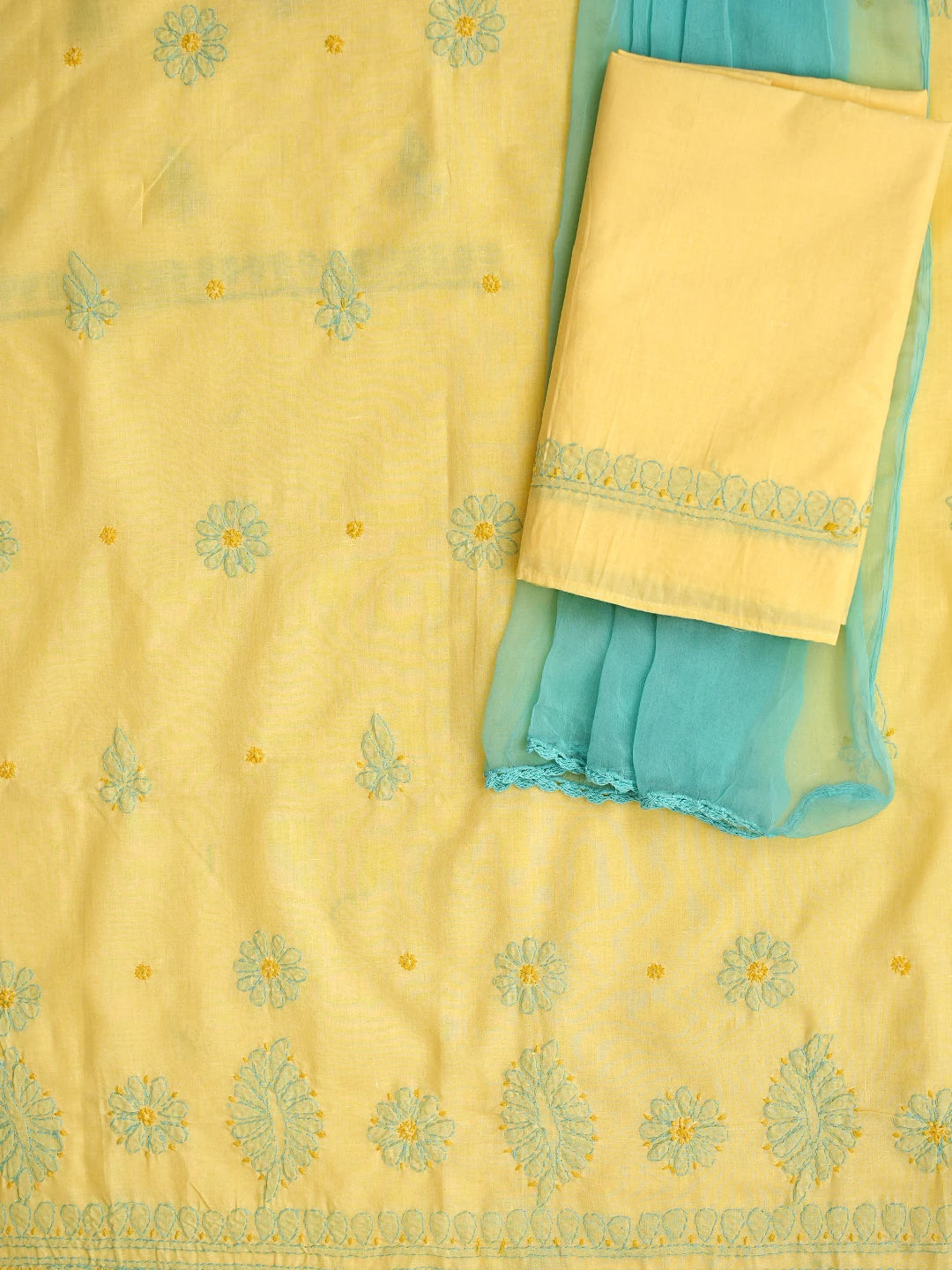 Ada Hand Embroidered Yellow Cotton Lucknowi Chikankari Unstitched Suit Piece 01A818704