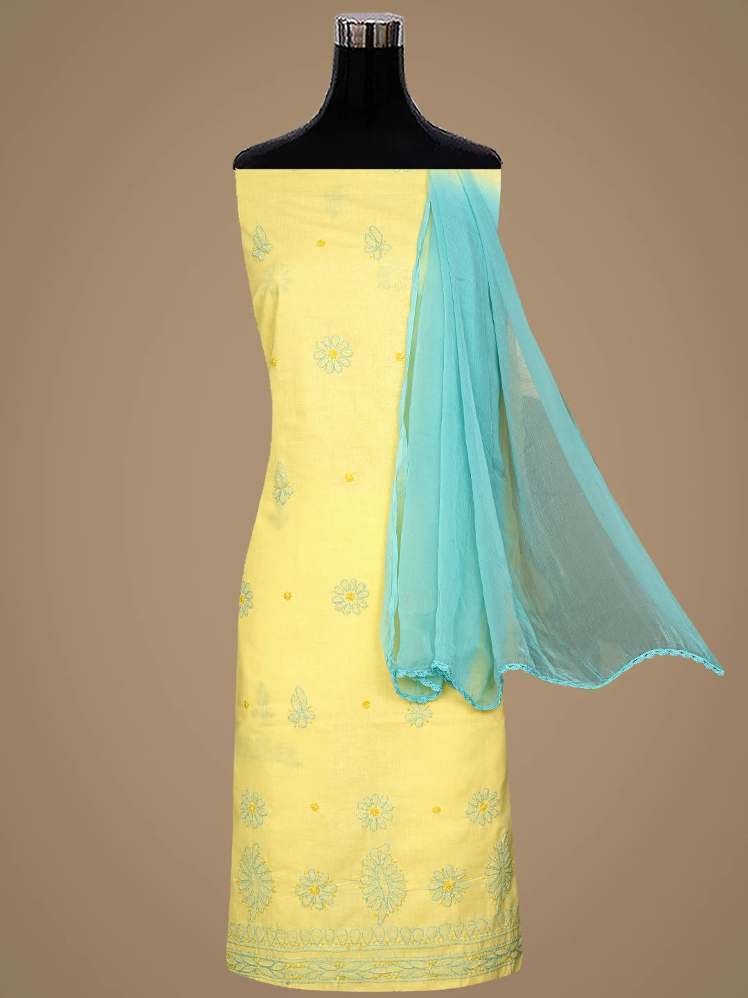Ada Hand Embroidered Yellow Cotton Lucknowi Chikankari Unstitched Suit Piece 01A818704