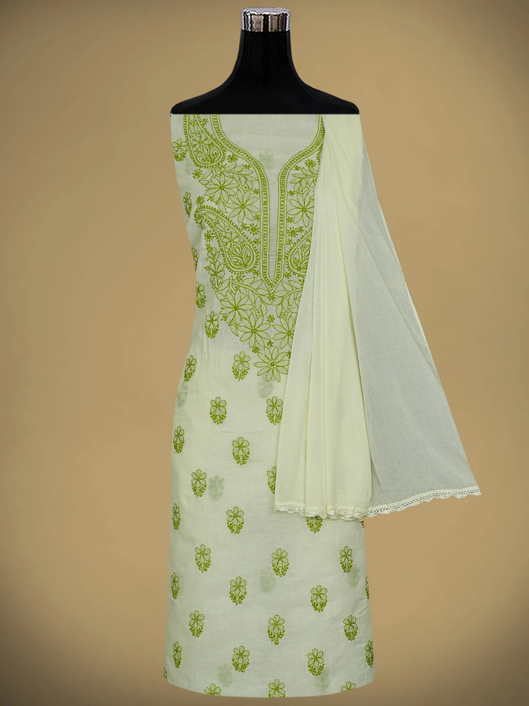 Ada Hand Embroidered Cream Cotton Lucknowi Chikankari Unstitched Suit Piece 01A868009
