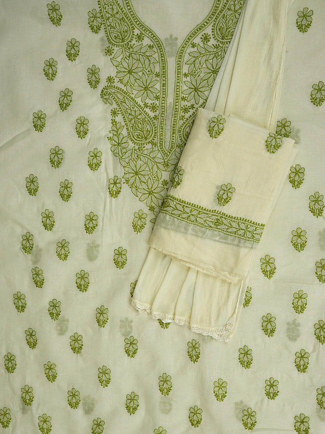 Ada Hand Embroidered Cream Cotton Lucknowi Chikankari Unstitched Suit Piece 01A868009