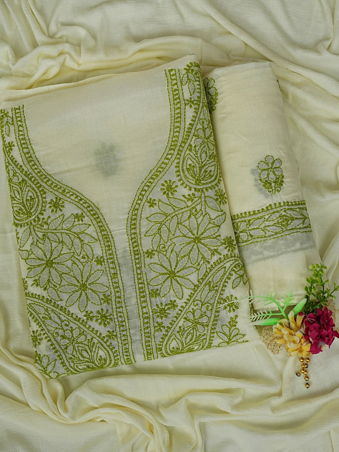 Ada Hand Embroidered Cream Cotton Lucknowi Chikankari Unstitched Suit Piece 01A868009