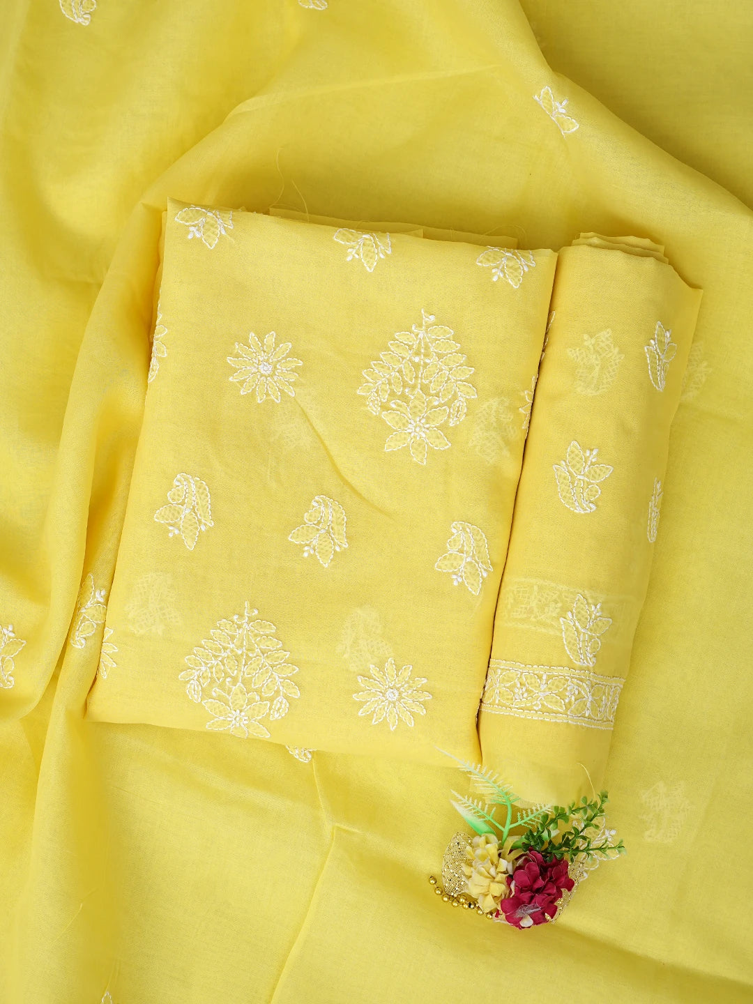 Ada Hand Embroidered Yellow Cotton Lucknowi Chikankari Unstitched Suit Piece 01A867748