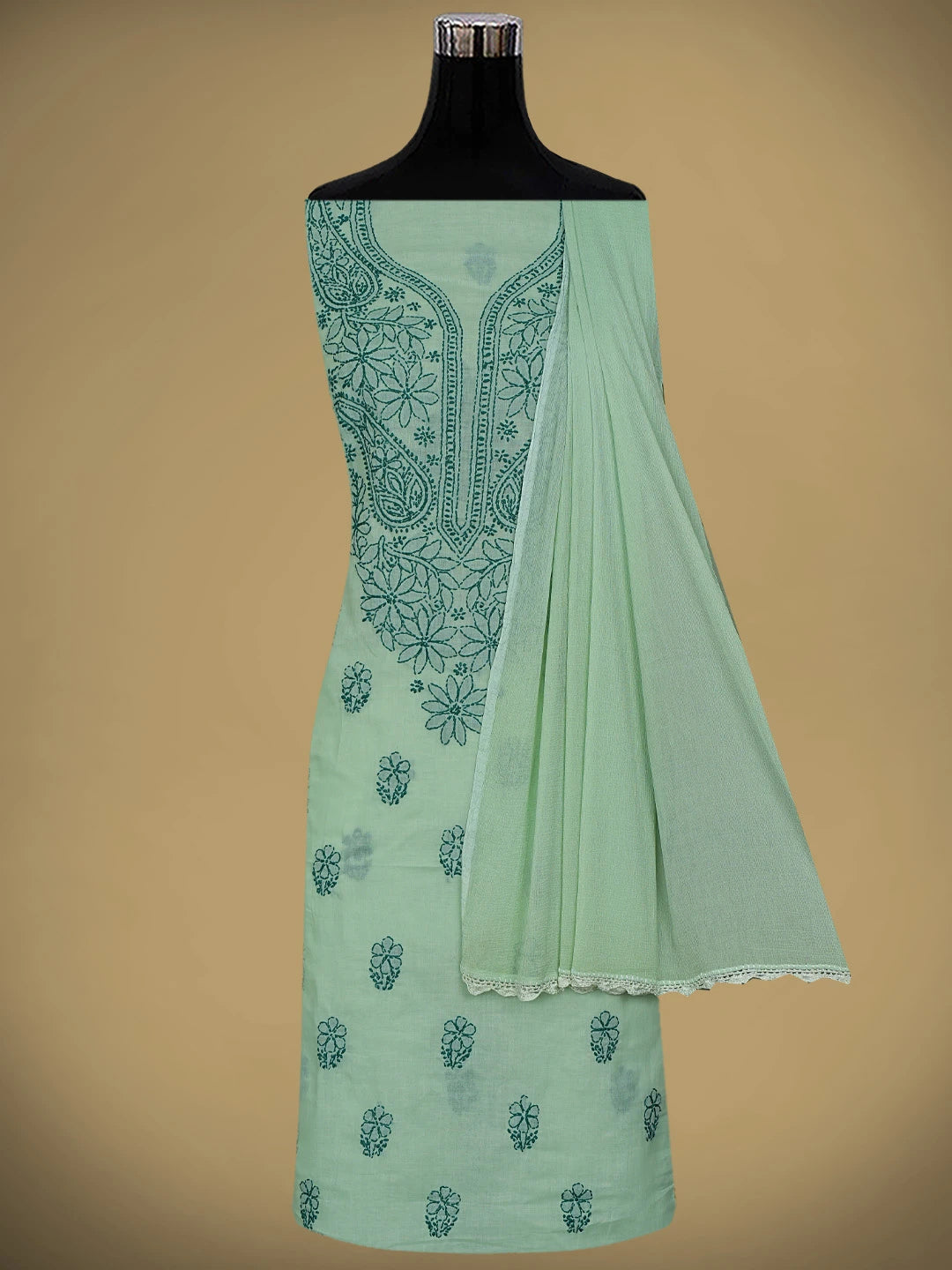Ada Hand Embroidered Green Cotton Lucknowi Chikankari Unstitched Suit Piece 01A868033