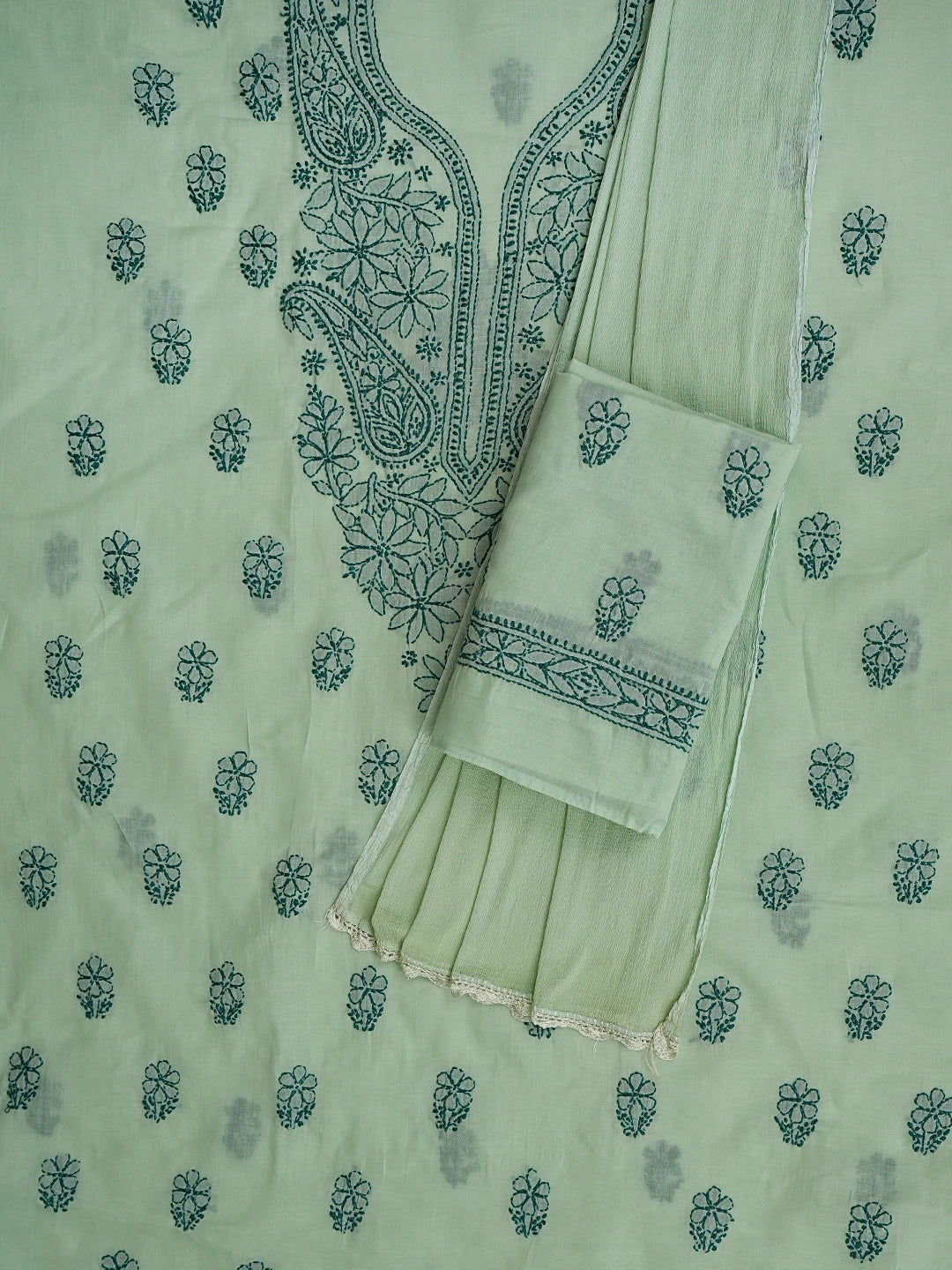 Ada Hand Embroidered Green Cotton Lucknowi Chikankari Unstitched Suit Piece 01A868033