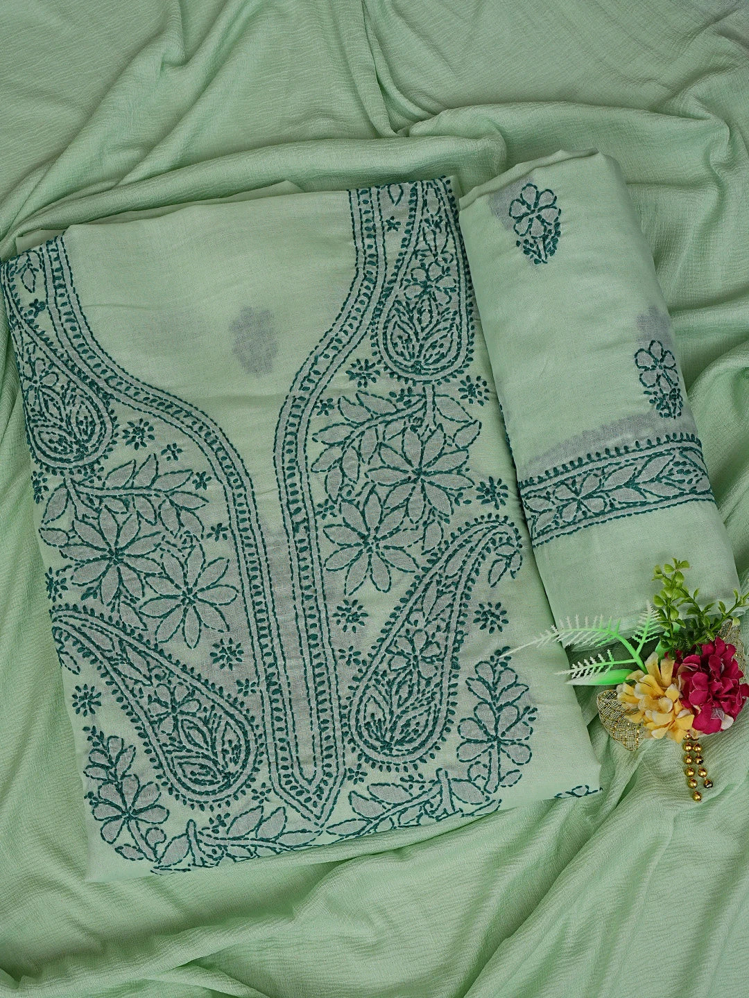 Ada Hand Embroidered Green Cotton Lucknowi Chikankari Unstitched Suit Piece 01A868033