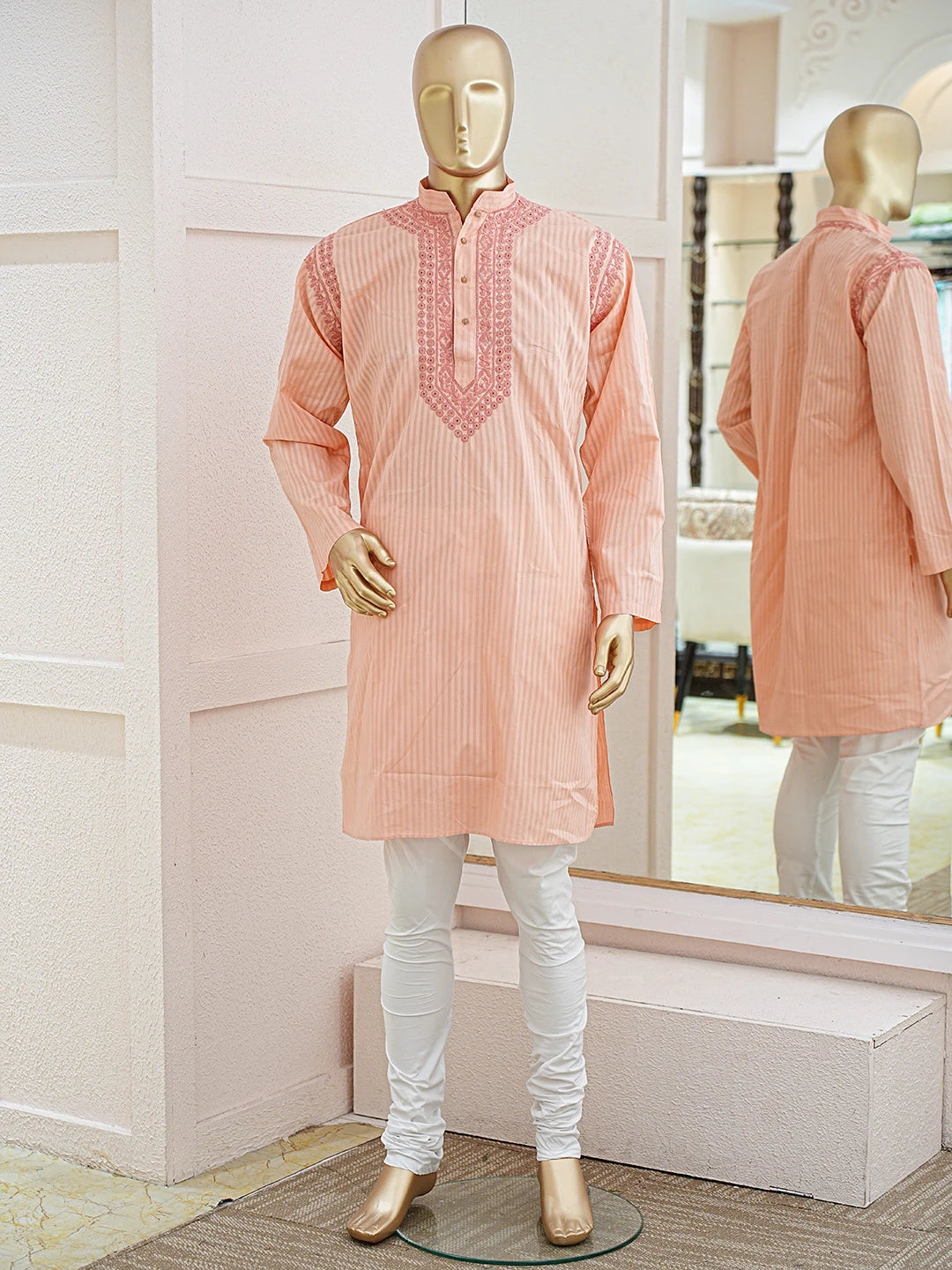 Ada Hand Embroidered Peach Cotton Lucknowi Chikankari Stitched Men's Kurta Piece 01A828746