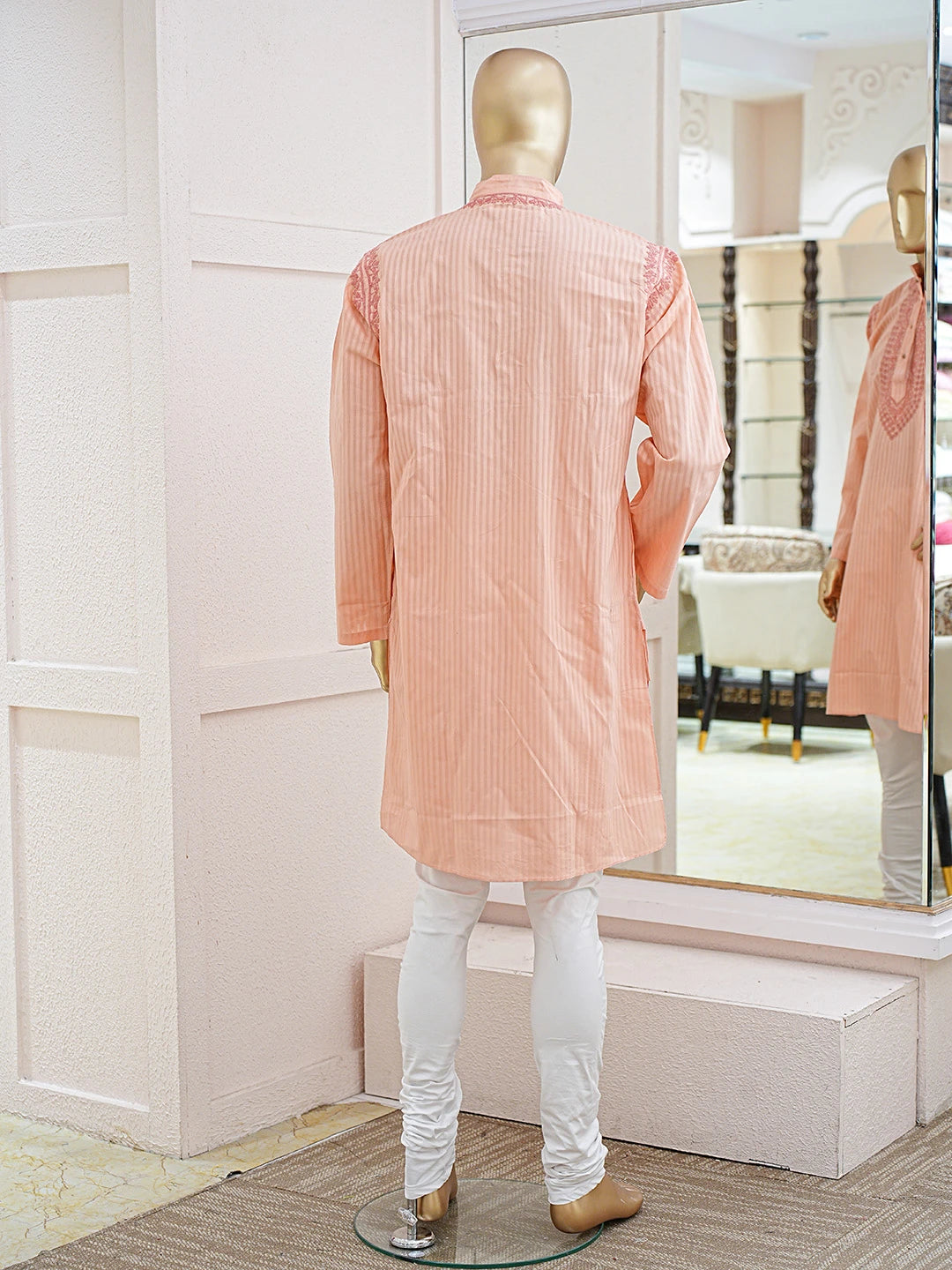Ada Hand Embroidered Peach Cotton Lucknowi Chikankari Stitched Men's Kurta Piece 01A828746