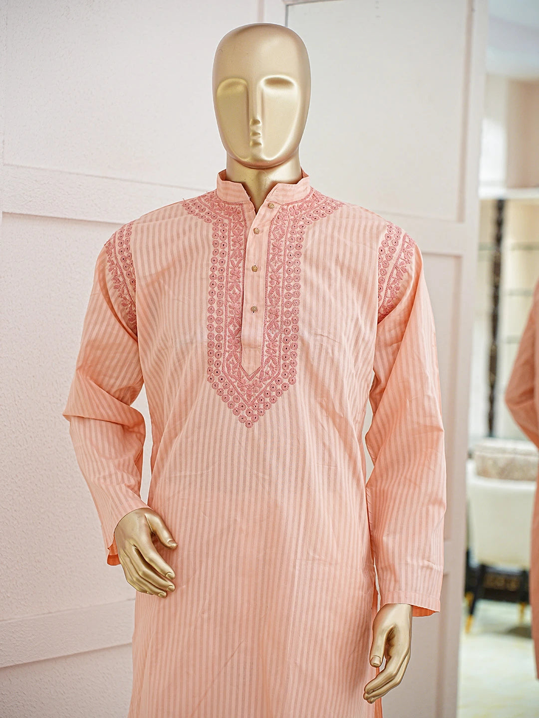 Ada Hand Embroidered Peach Cotton Lucknowi Chikankari Stitched Men's Kurta Piece 01A828746