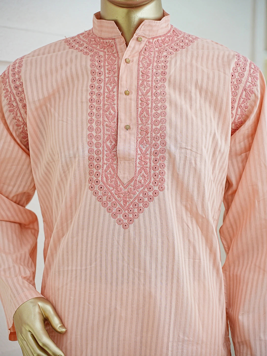 Ada Hand Embroidered Peach Cotton Lucknowi Chikankari Stitched Men's Kurta Piece 01A828746