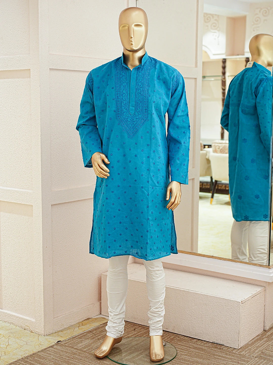 Ada Hand Embroidered Blue Cotton Lucknowi Chikankari Stitched Men's Kurta Piece 01A811977