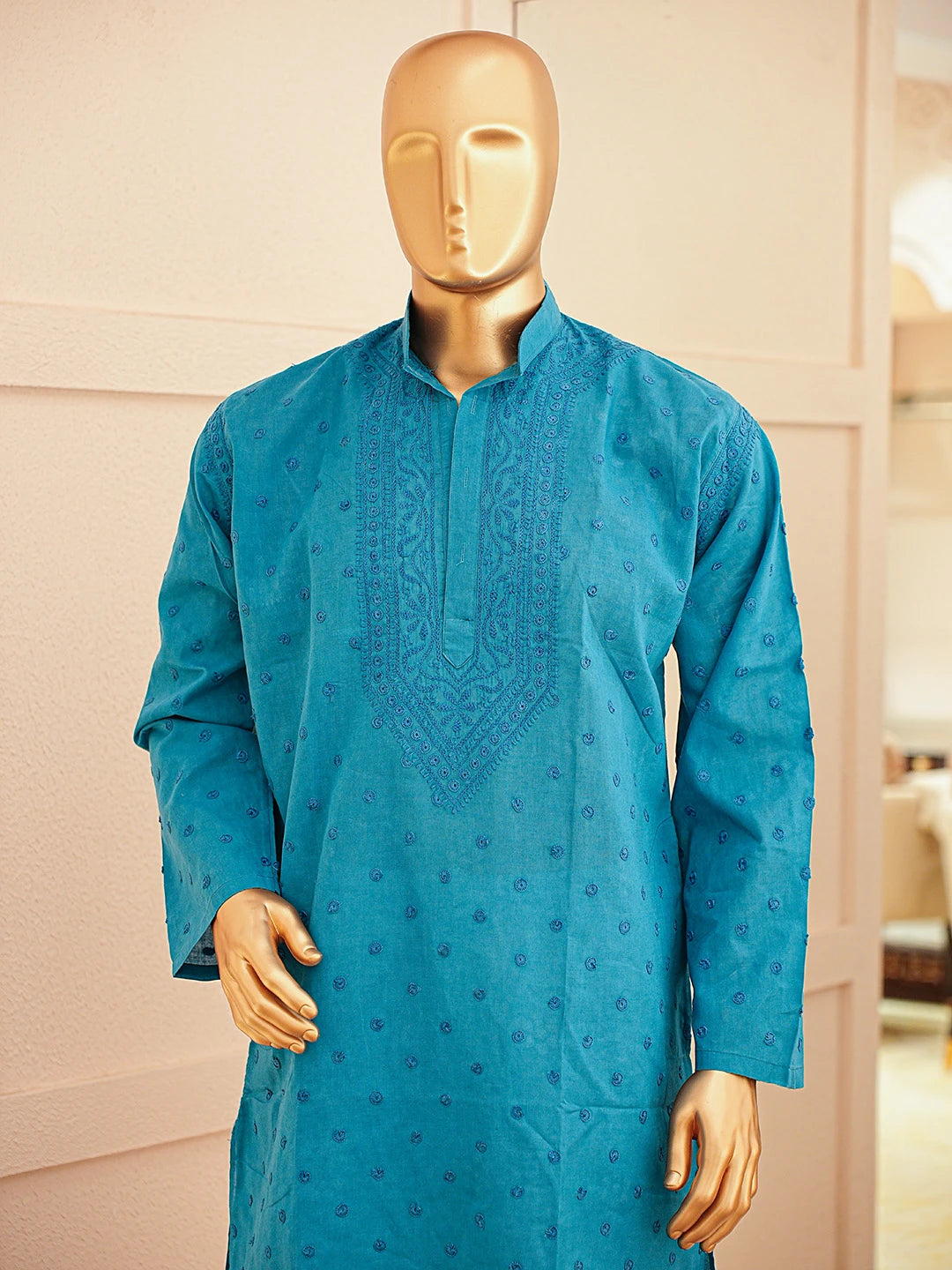 Ada Hand Embroidered Blue Cotton Lucknowi Chikankari Stitched Men's Kurta Piece 01A811977