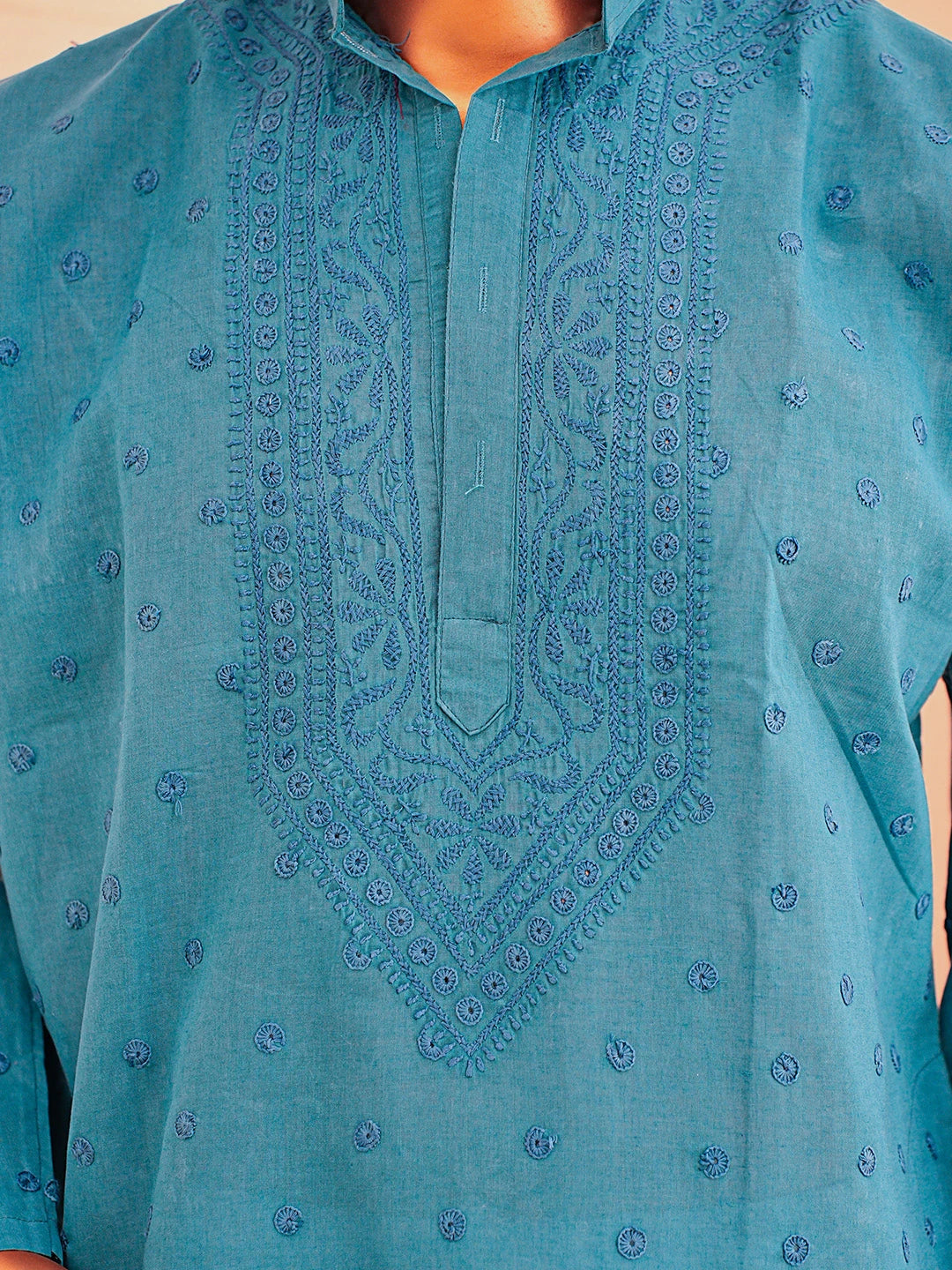 Ada Hand Embroidered Blue Cotton Lucknowi Chikankari Stitched Men's Kurta Piece 01A811977